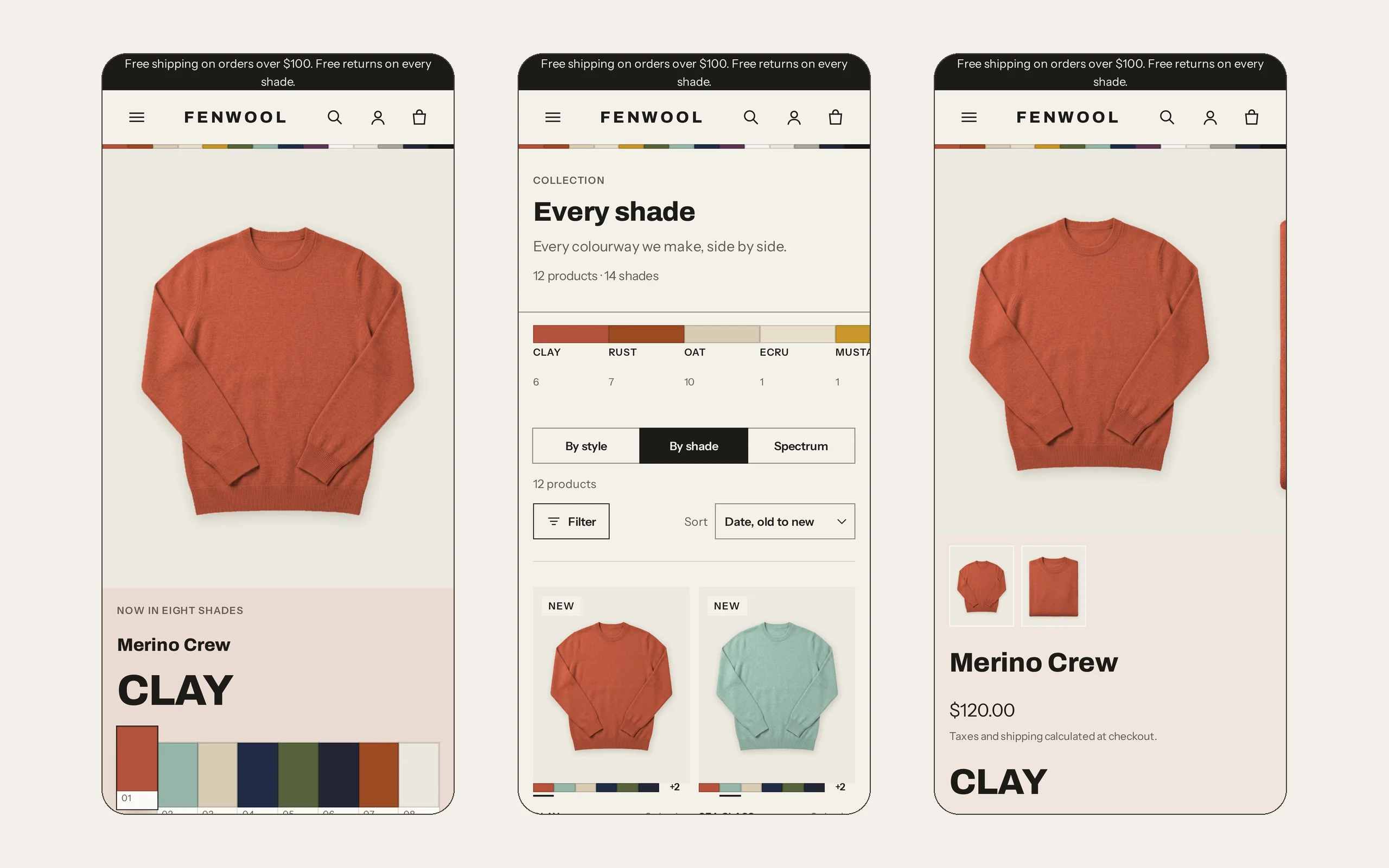 Dyecard on a phone: home page with the shade band, a collection with shade strips and a product page