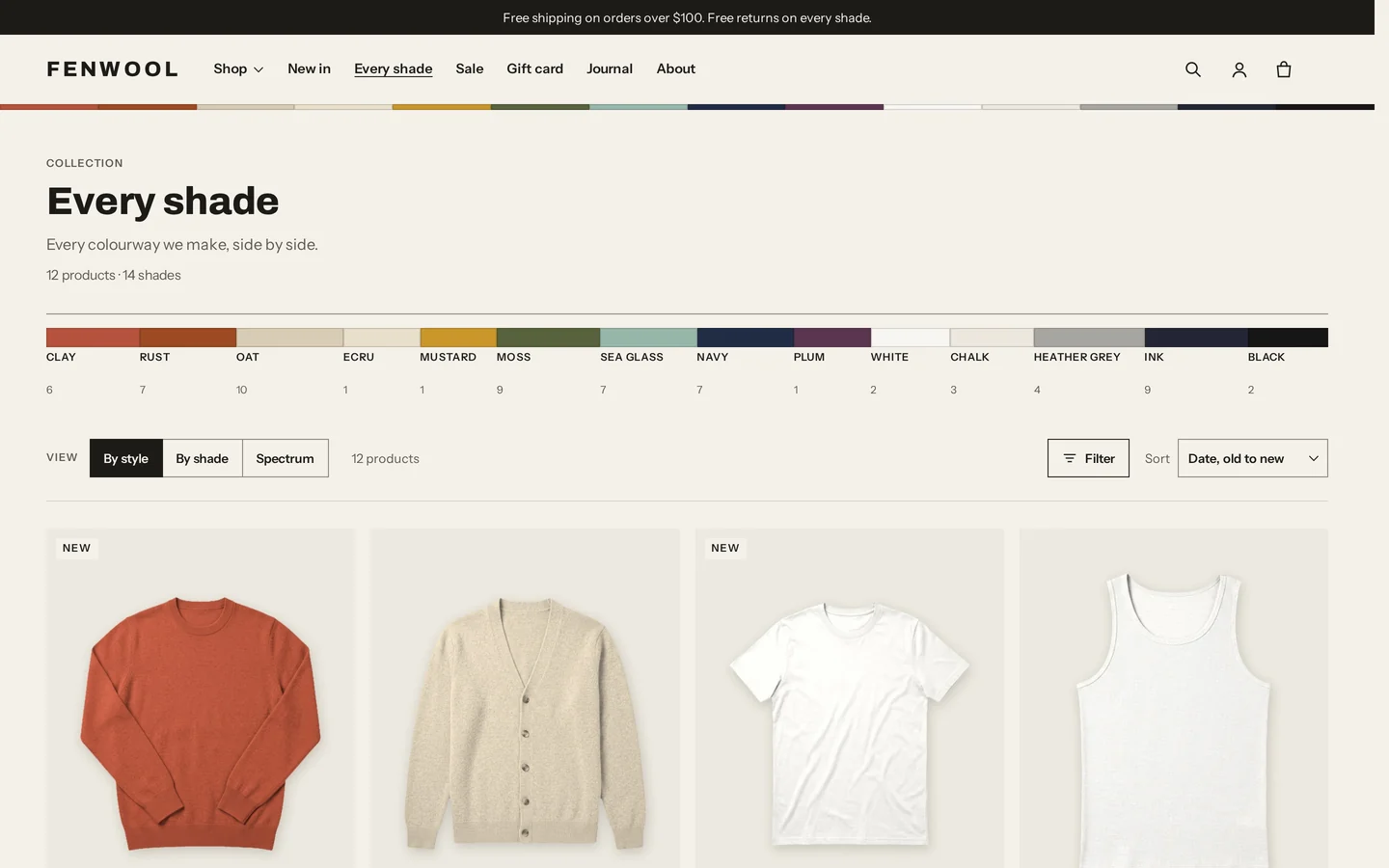 Collection page By style: product cards ending in a flush strip of colour chips, with the view switch and filters