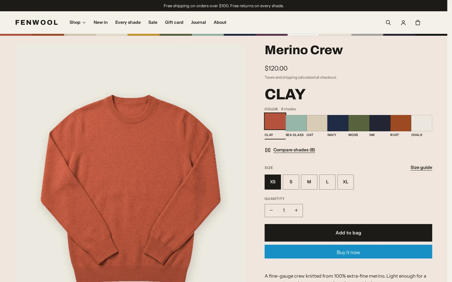 Product page for the Merino Crew: only the chosen shade's photos, a faint tint, the swatch-card shade picker and a size guide link
