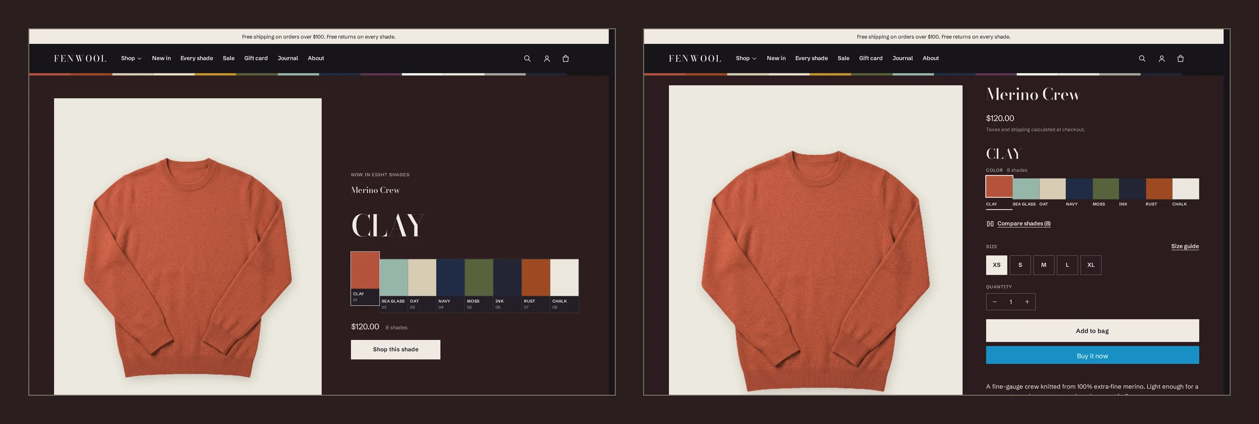 The Logwood preset: the same store in the dark preset with a display serif