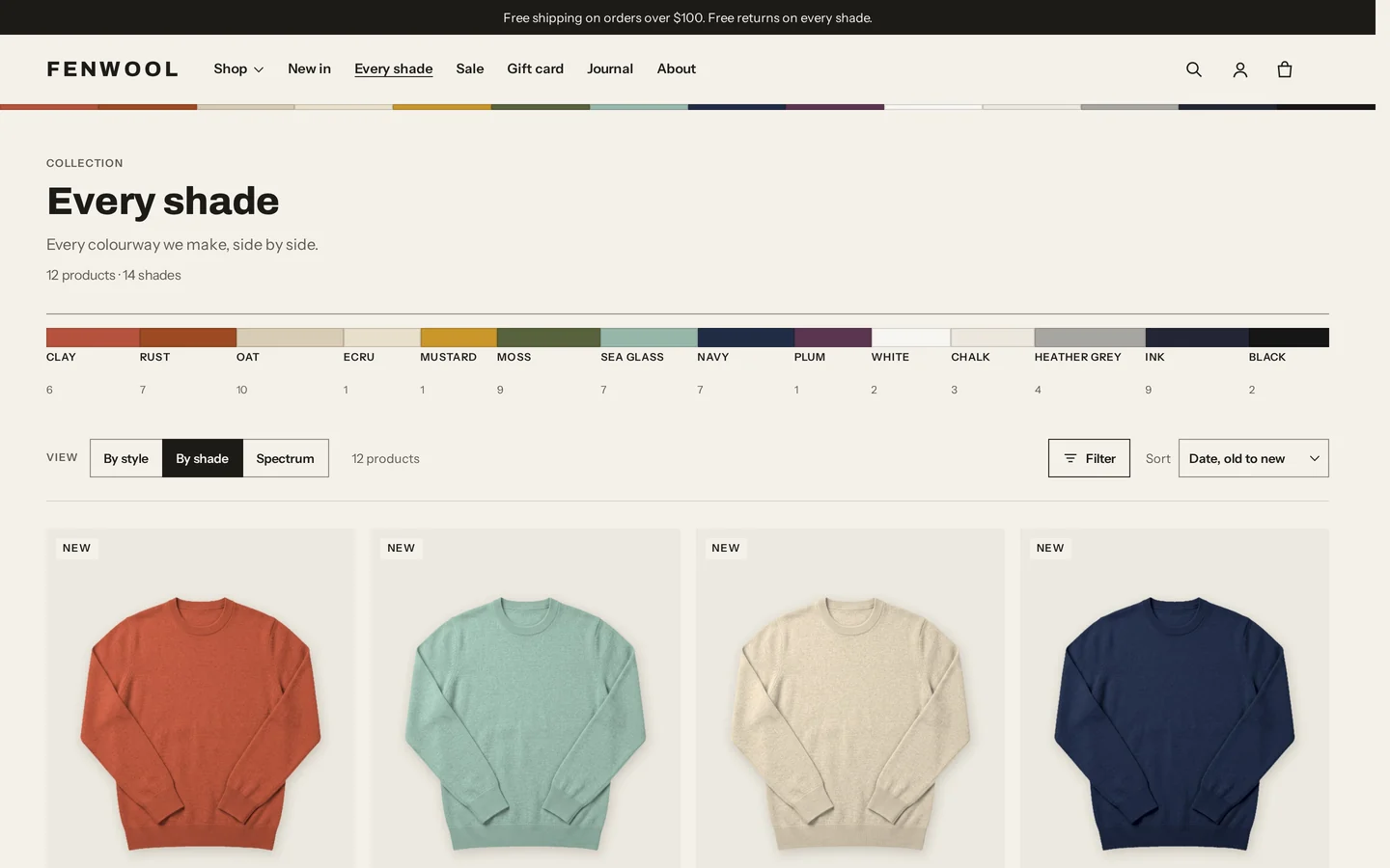 Collection page By shade: every colourway as its own card, grouped by colour