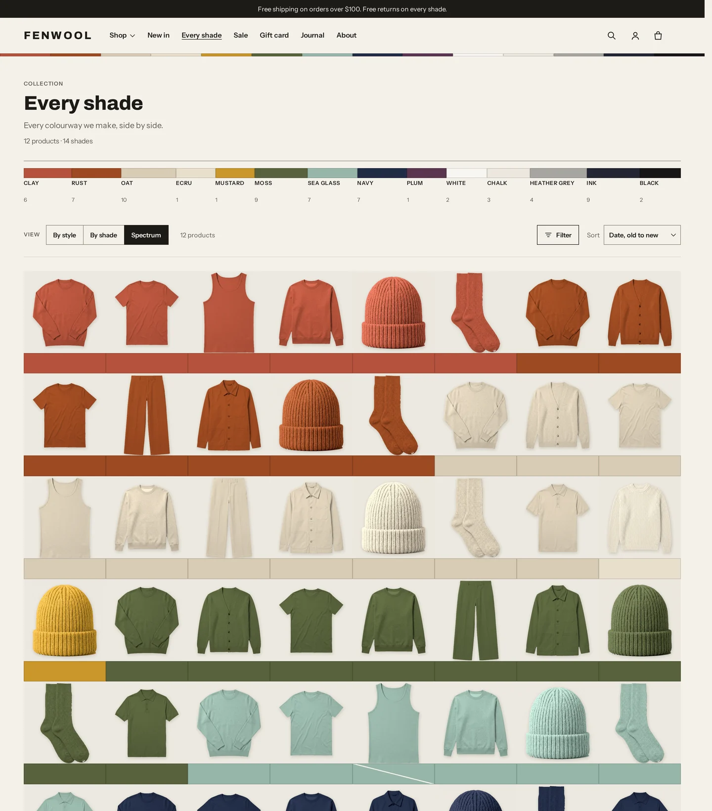 Spectrum view: the Every shade collection sorted by hue, each colourway a tile with its shade name