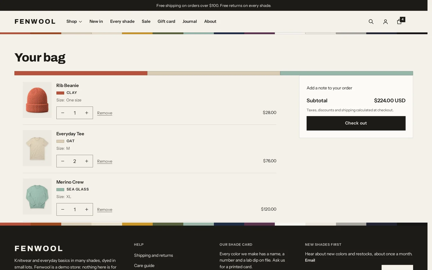 Cart page with a palette strip of the colours in the bag, colour chips on every line and the order note
