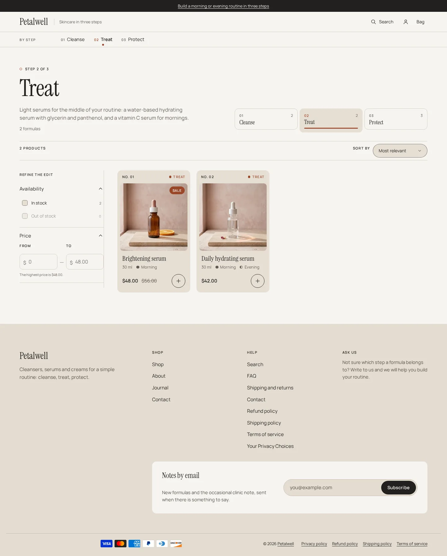 Kaolume collection page on desktop: step header, filters and numbered formula cards
