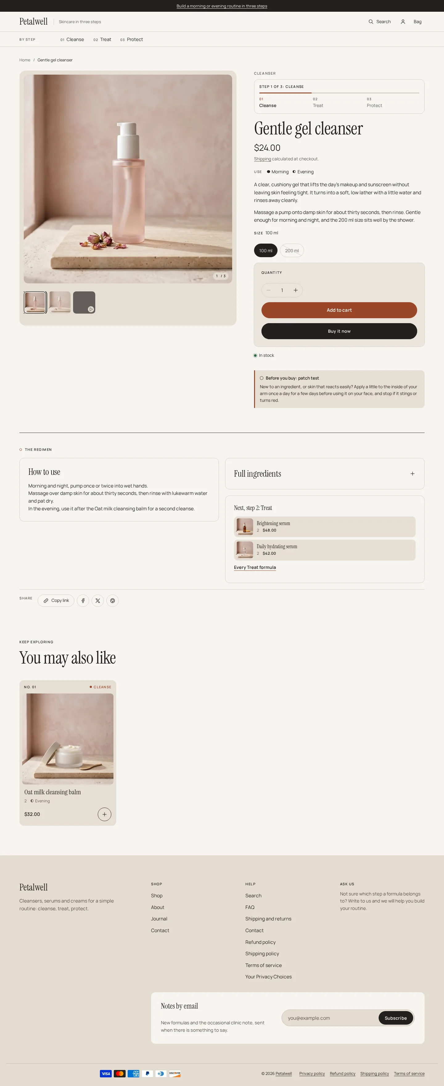 Kaolume product page on desktop: step bar, size chips, how to use and full ingredients