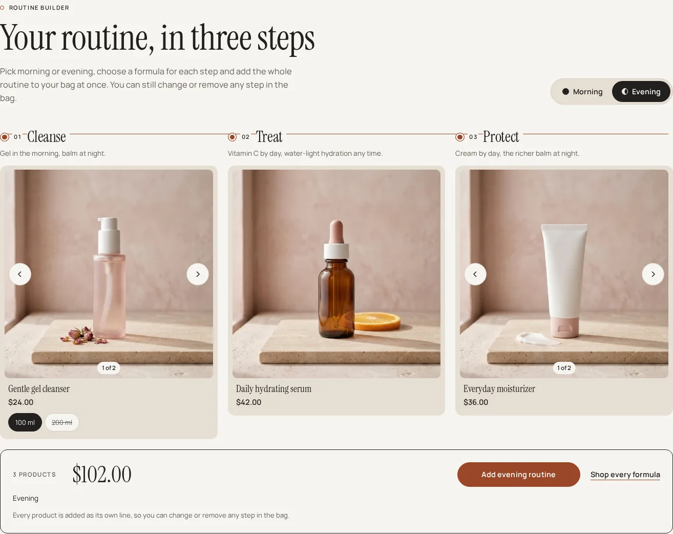 Routine builder on desktop: one formula per step, morning or evening, add the whole routine