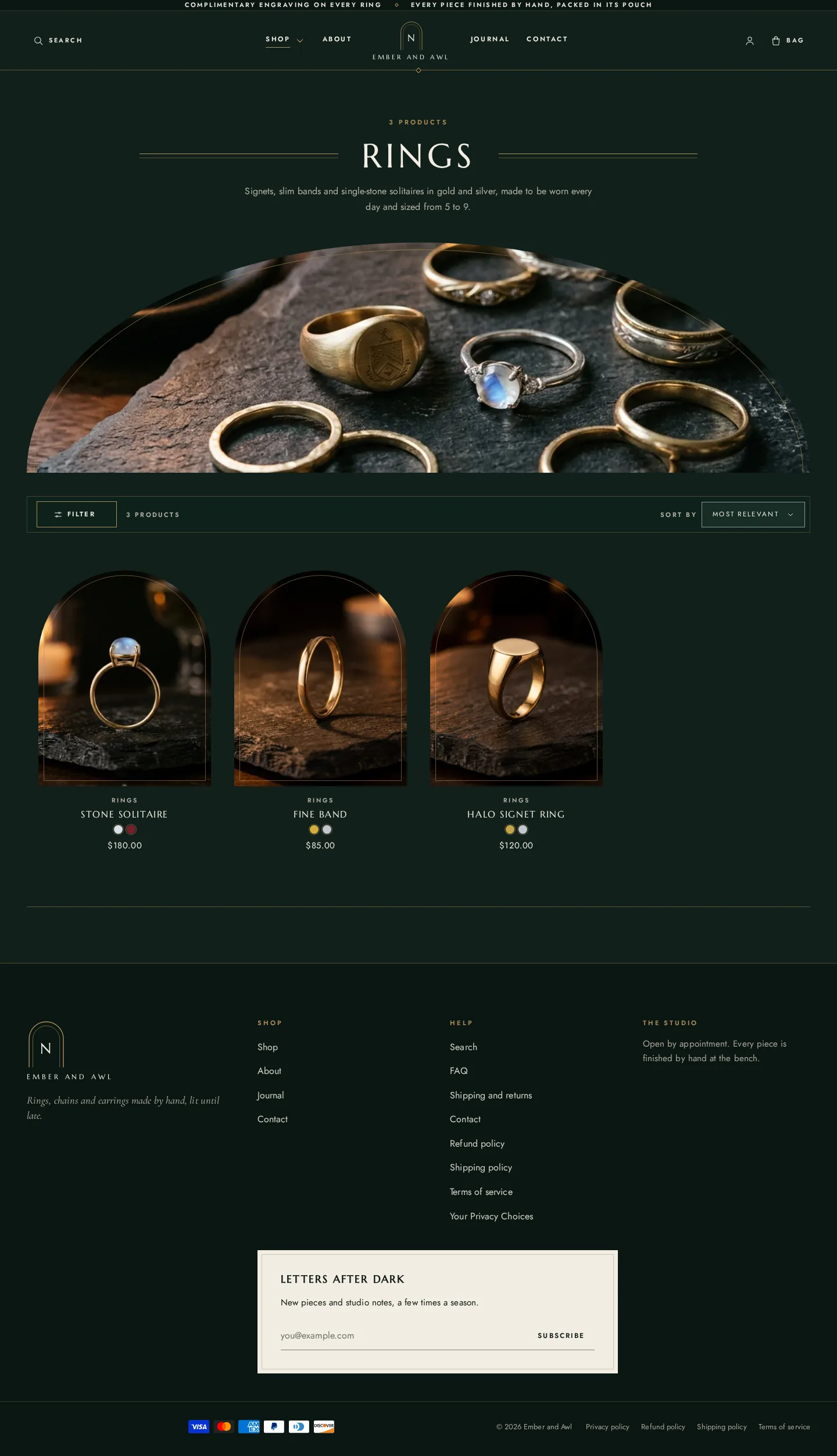 Nottelume collection page on desktop: arched product windows with metal swatches