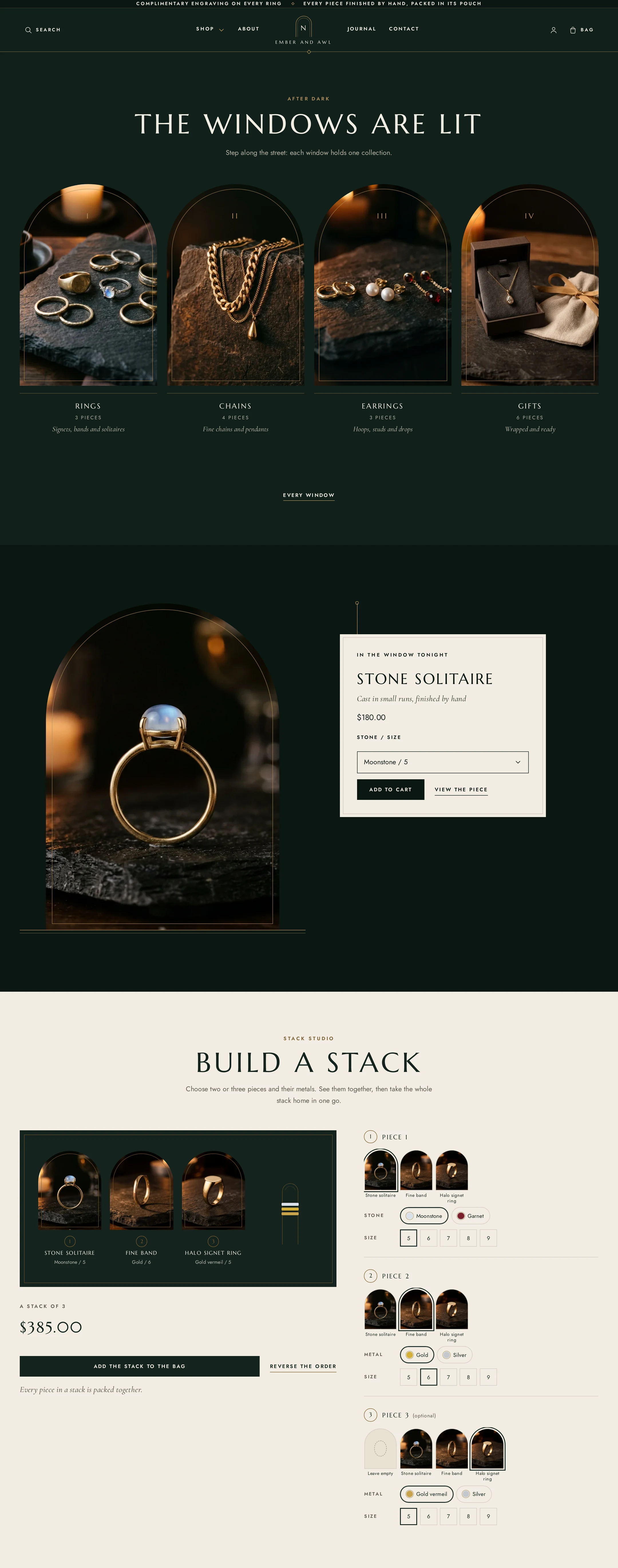Nottelume home page on desktop: arched window arcade on deep bottle green