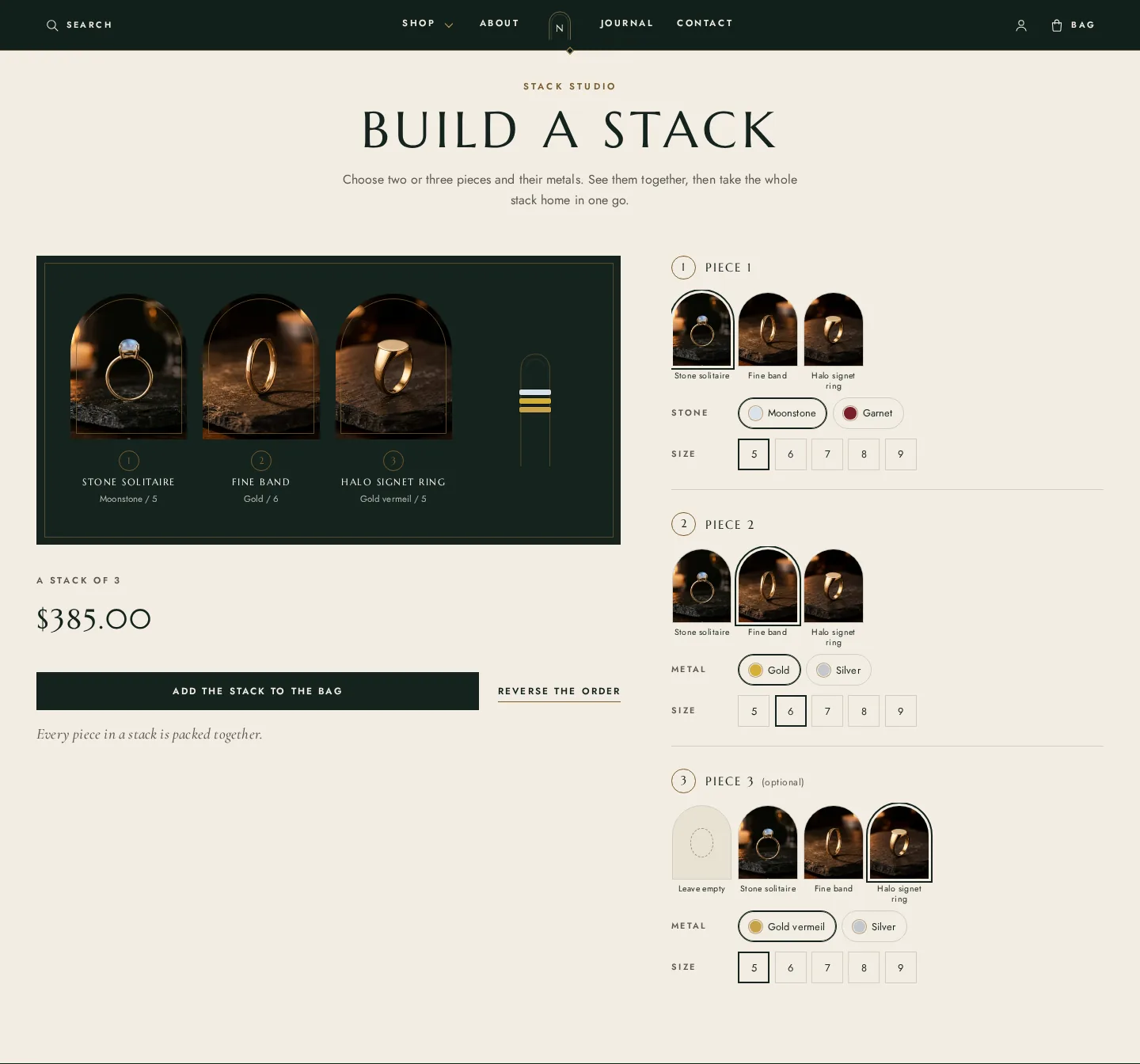 Stack studio on desktop: choose two or three pieces and their metals, then add the whole stack