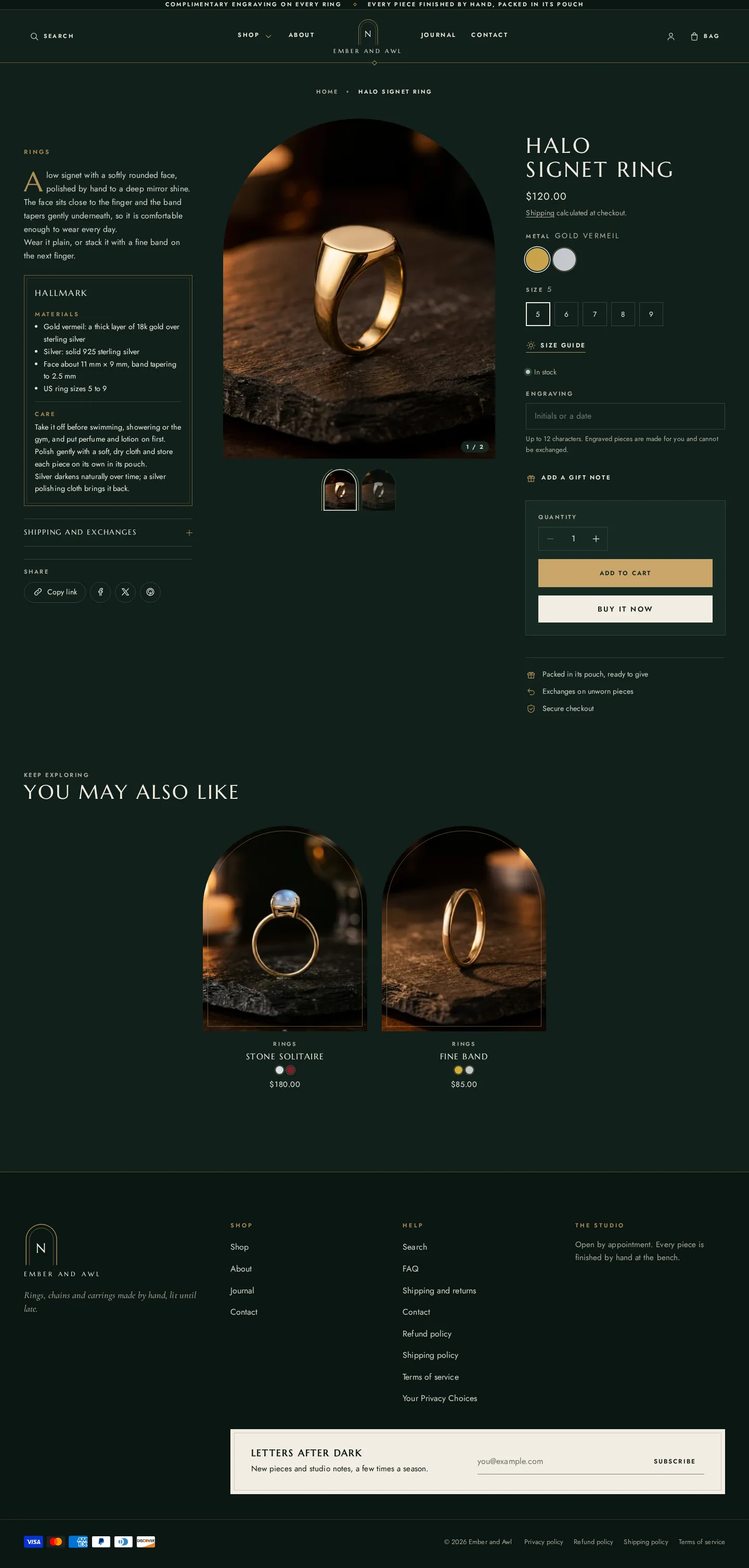 Nottelume product page on desktop: arched gallery, metal discs, size guide and hallmark details