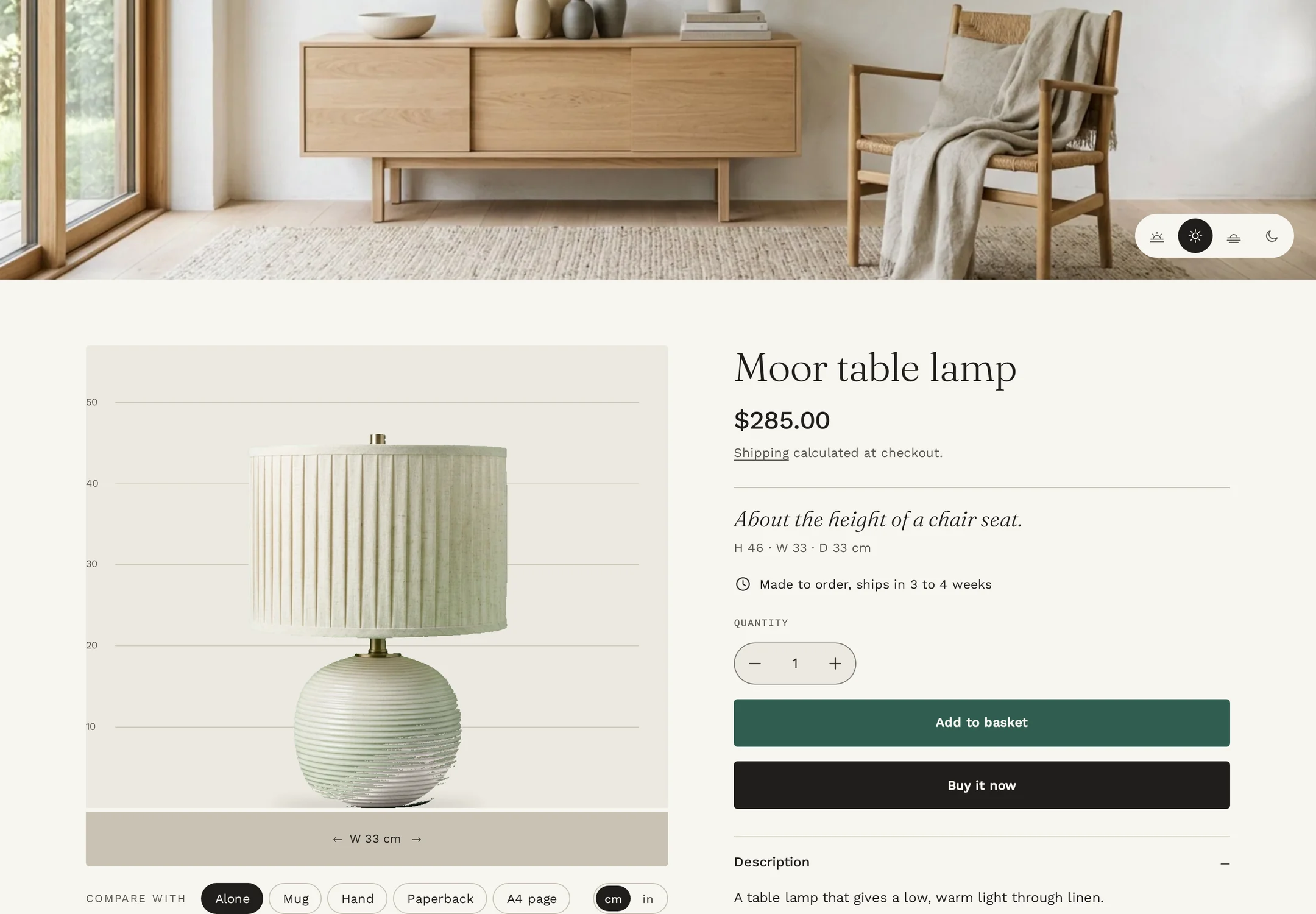 Heimalba product page: room gallery with light switcher and the measure panel standing the Moor table lamp next to everyday objects