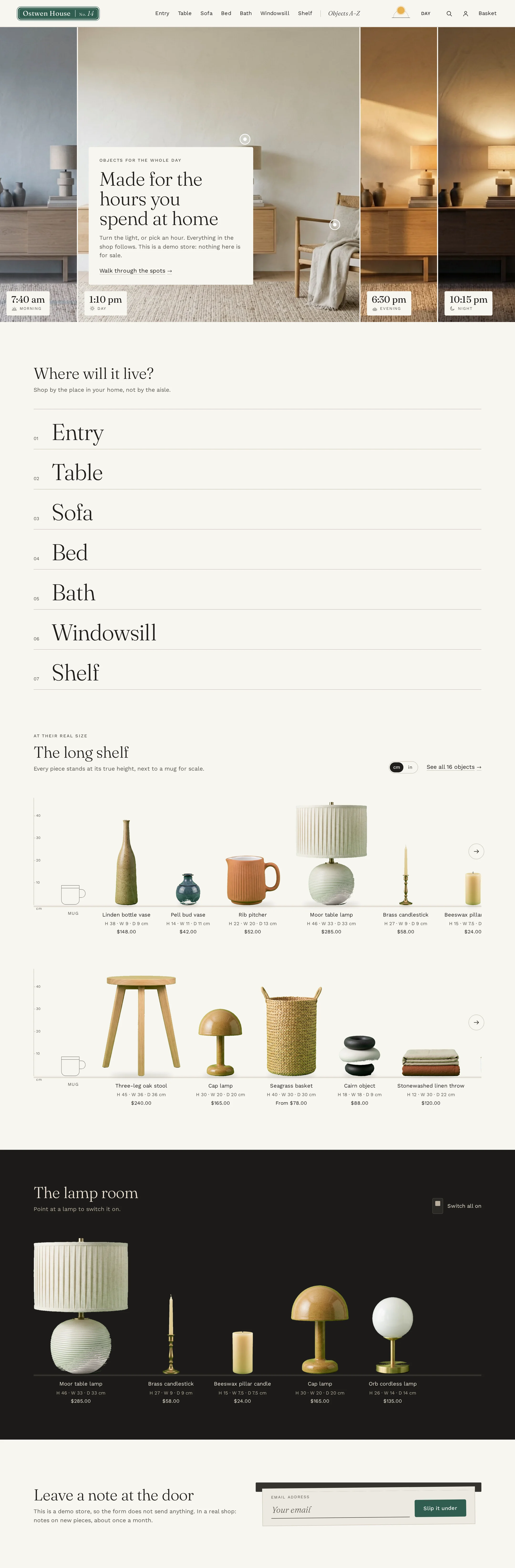 Heimalba home page on desktop: the Day Strip, Where will it live? spots, the long shelf at true scale, the Lamp Room and the Note Door