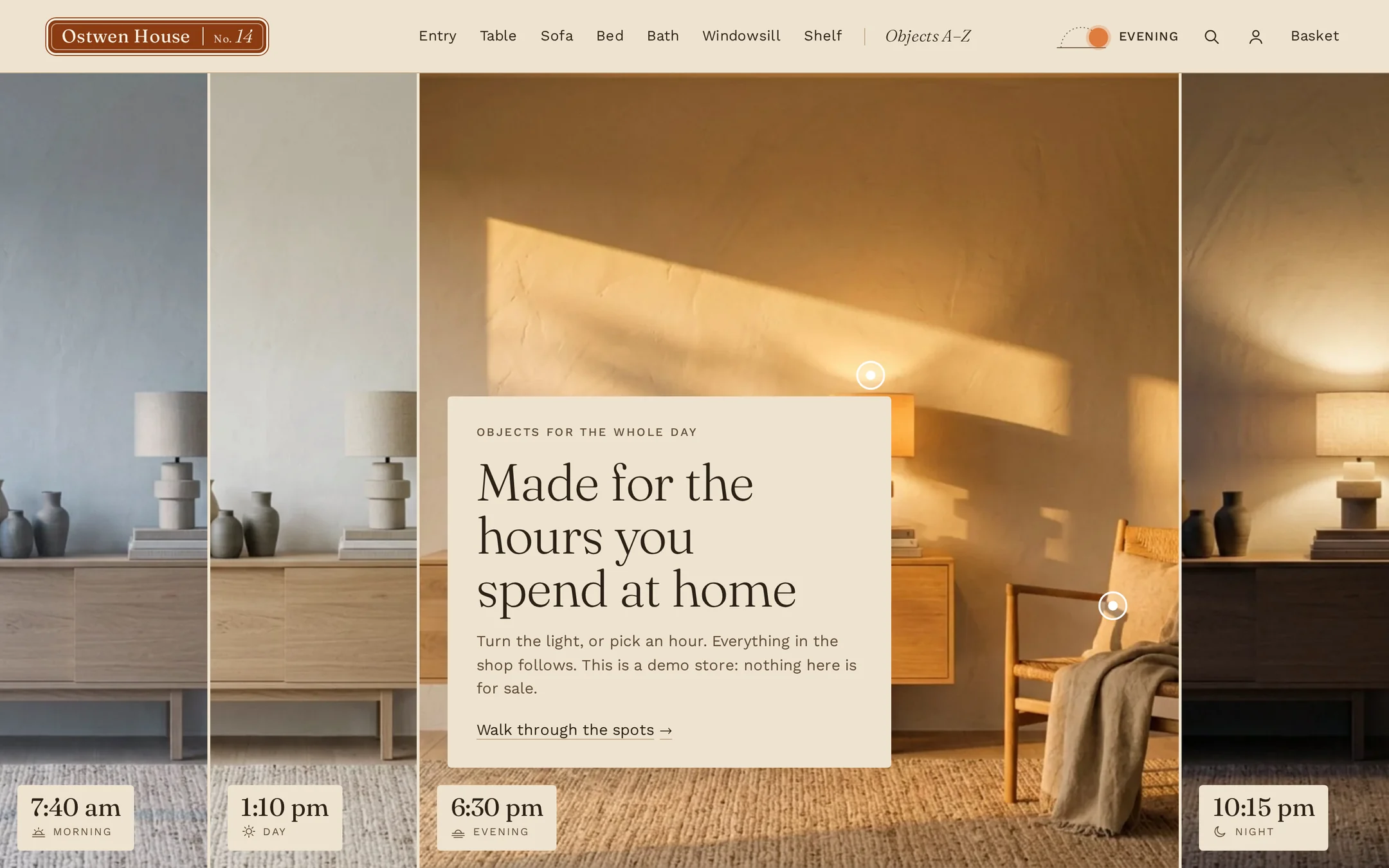 The Day Strip in evening light: the same room at four hours, with the daylight dial in the header