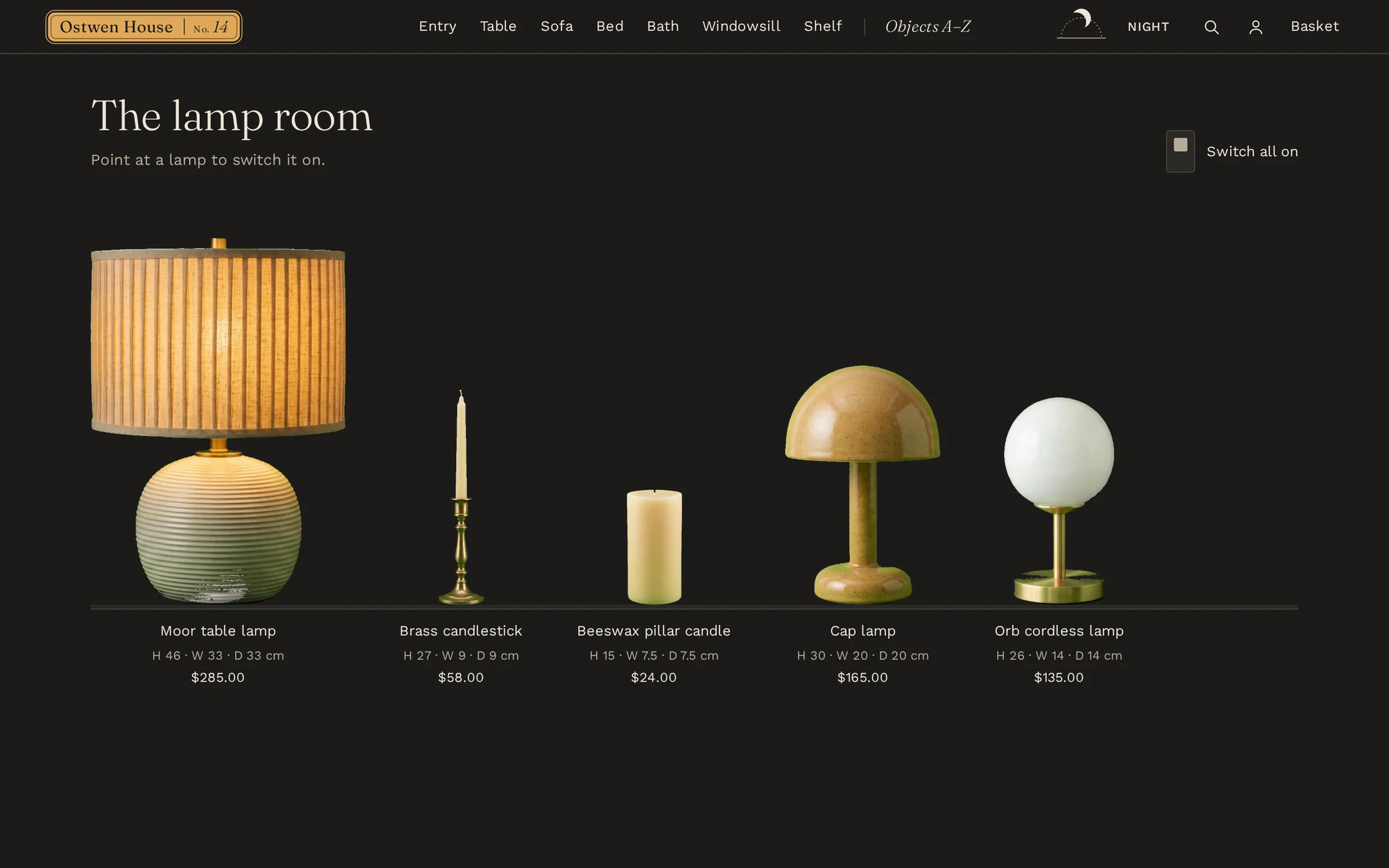 The Lamp Room at night: point at a lamp to switch it on