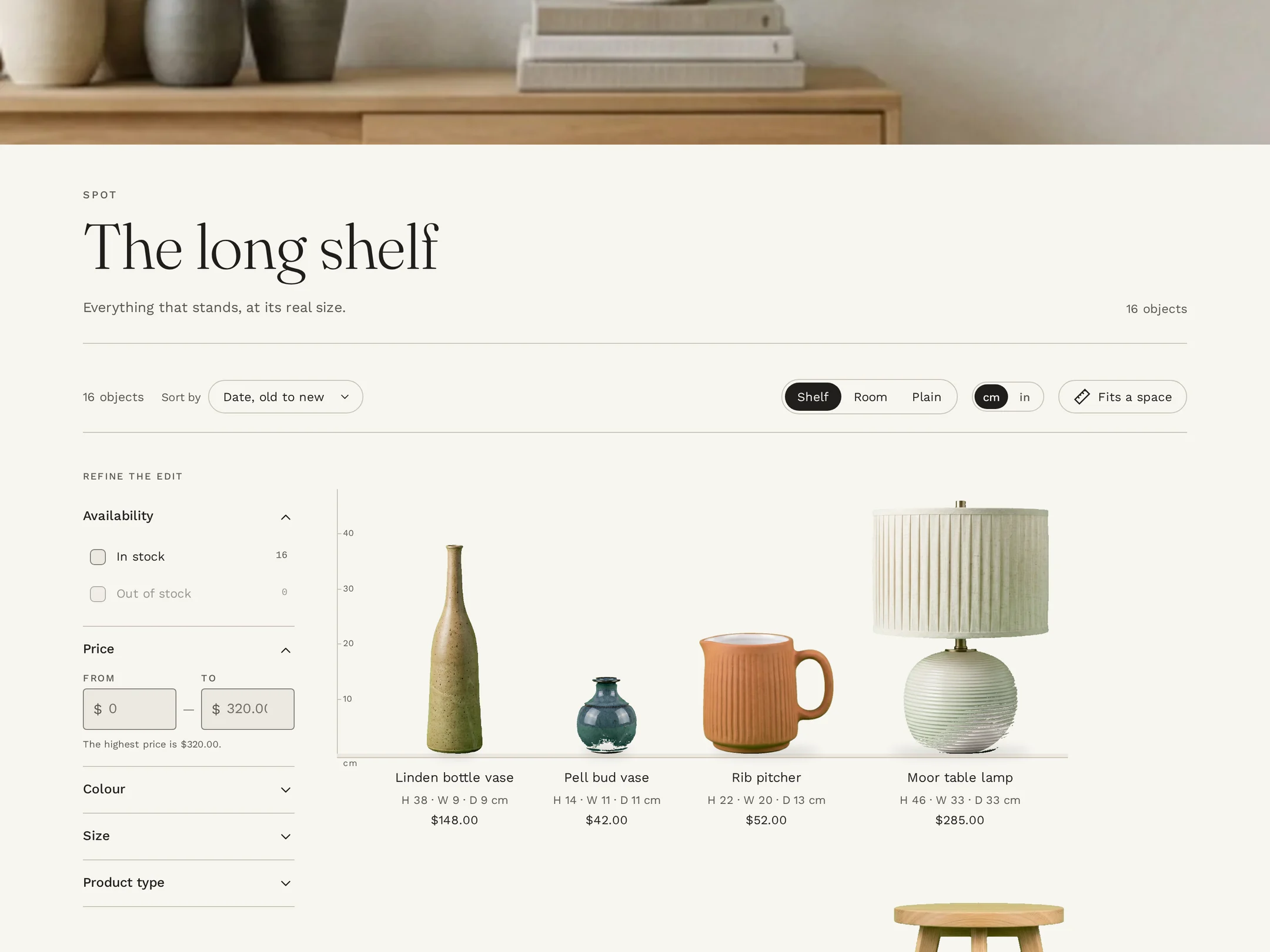 Collection page in Shelf view: objects at their true height on a measured shelf, with filters, views and Fits a space