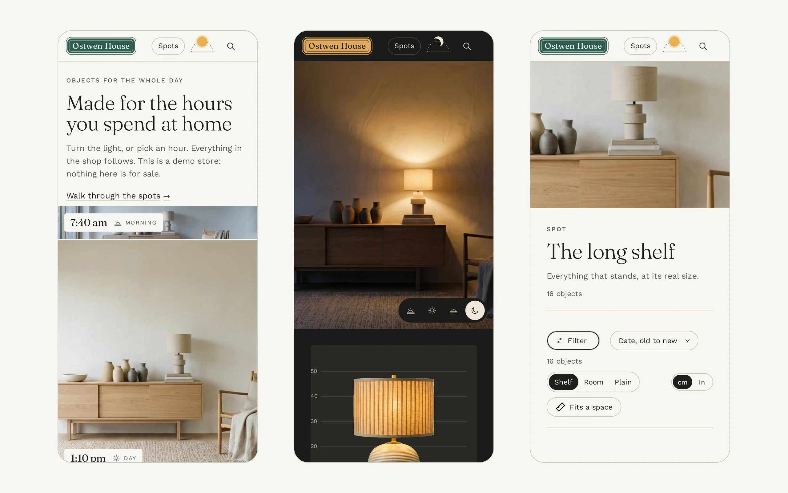 Heimalba on a phone: home page by day, product page and home page at night