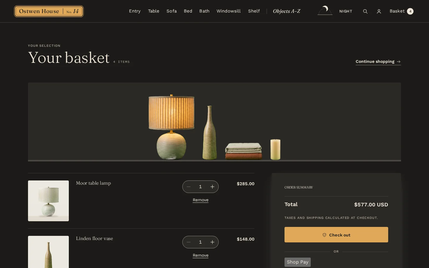 The Basket at night: everything in the cart stands on one shelf at true scale, with the lamp lit