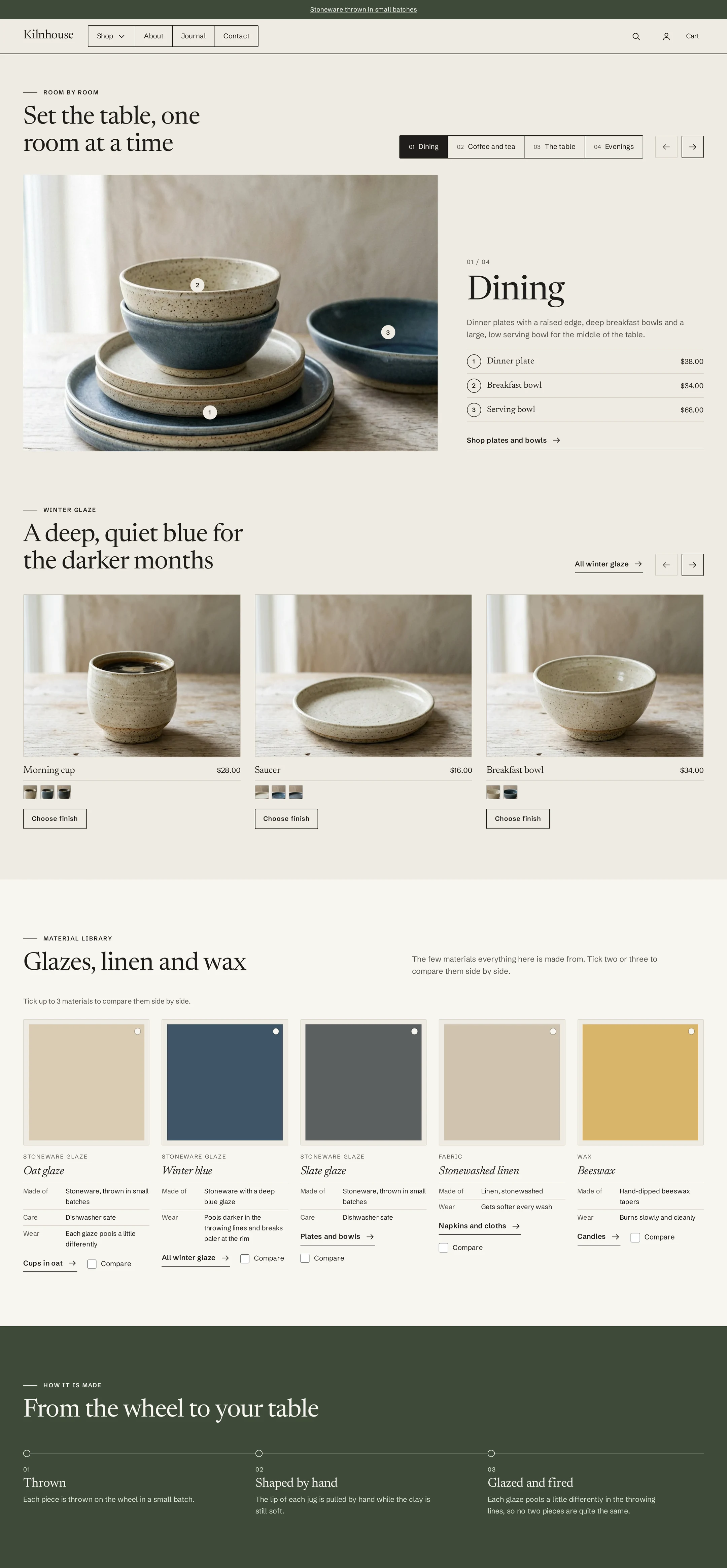 Oatmoss home page on desktop: room bands with shoppable photos, product rail and material library