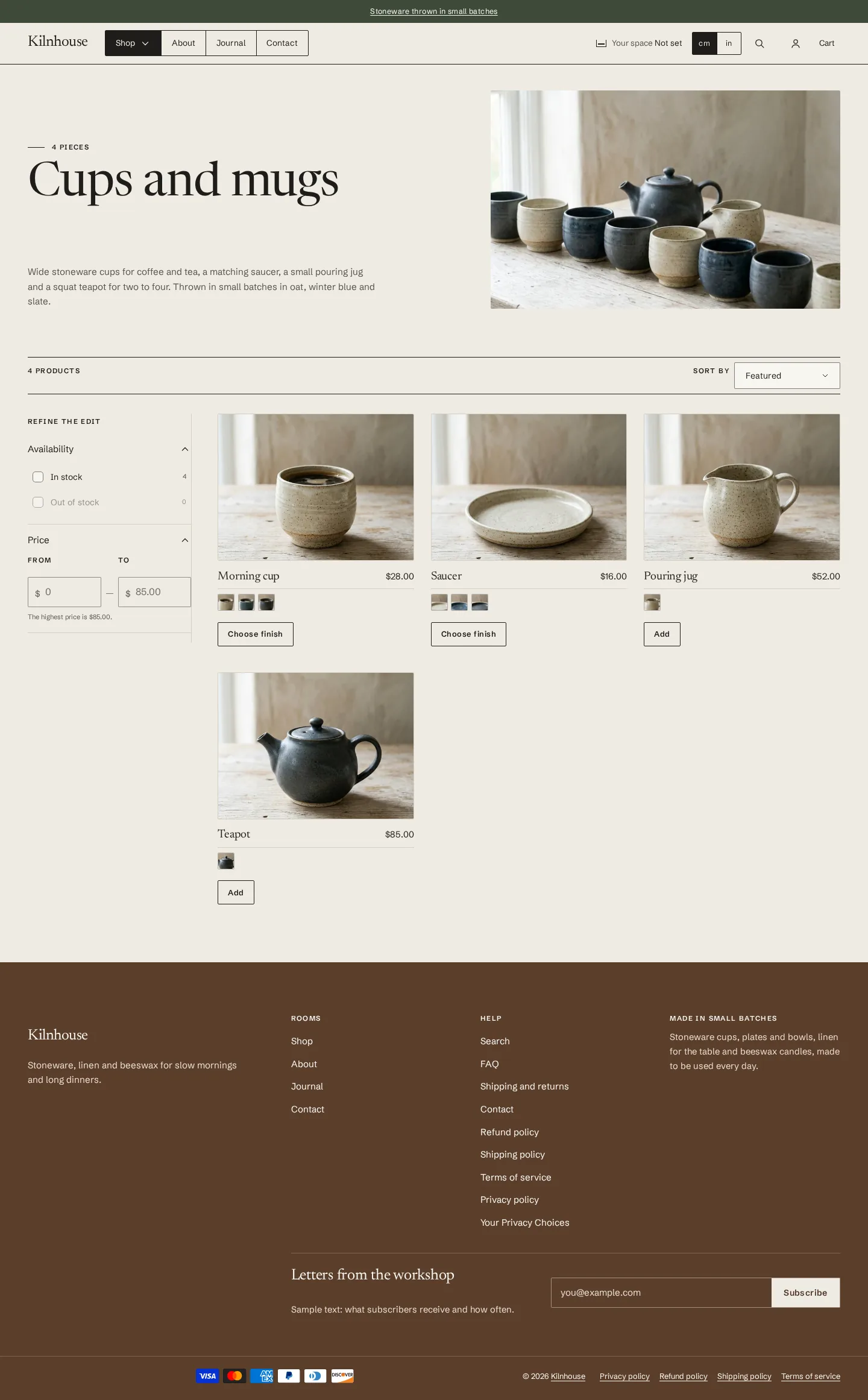 Oatmoss collection page on desktop: showroom-label cards with finish chips