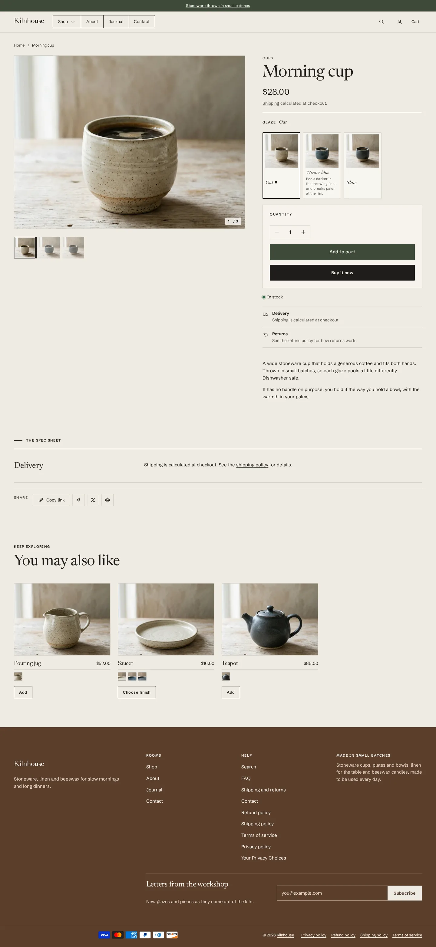 Oatmoss product page on desktop: sample-table layout with material tiles and spec rows
