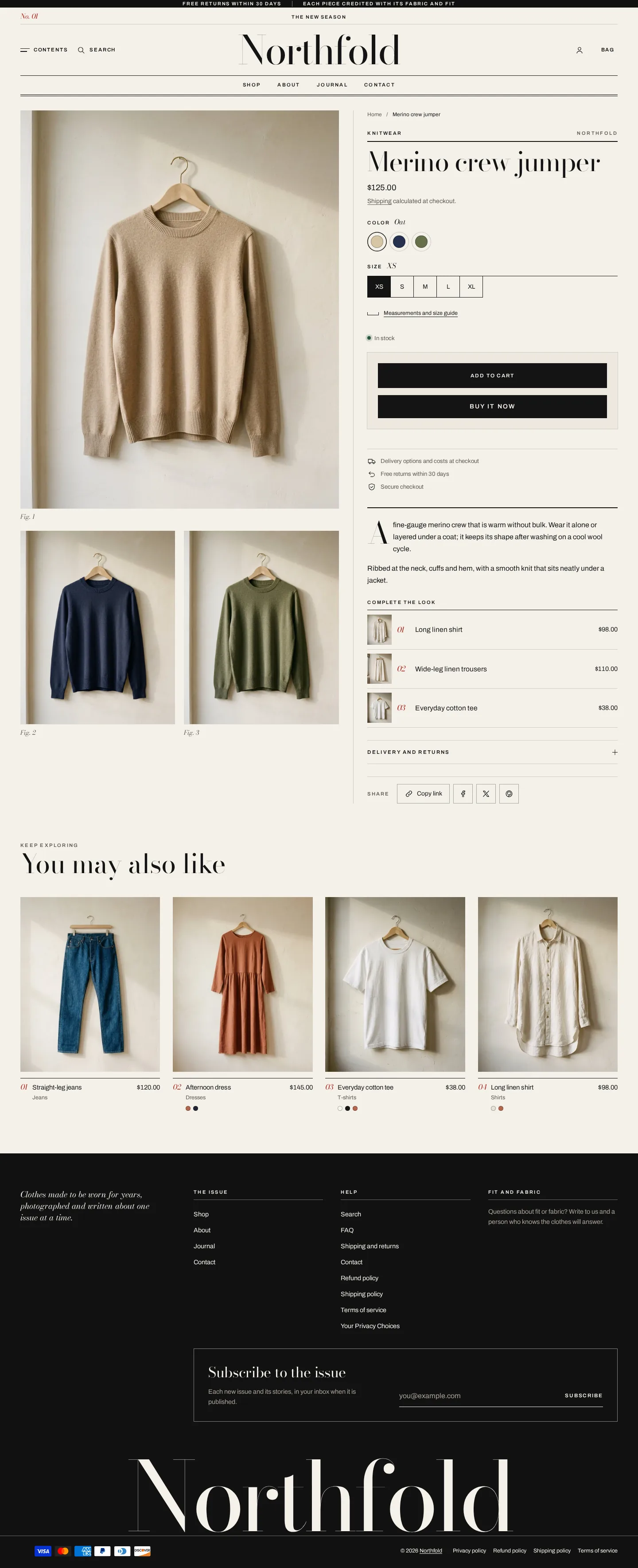 Folimoda product page on desktop: sticky columns, colour swatches and complete the look
