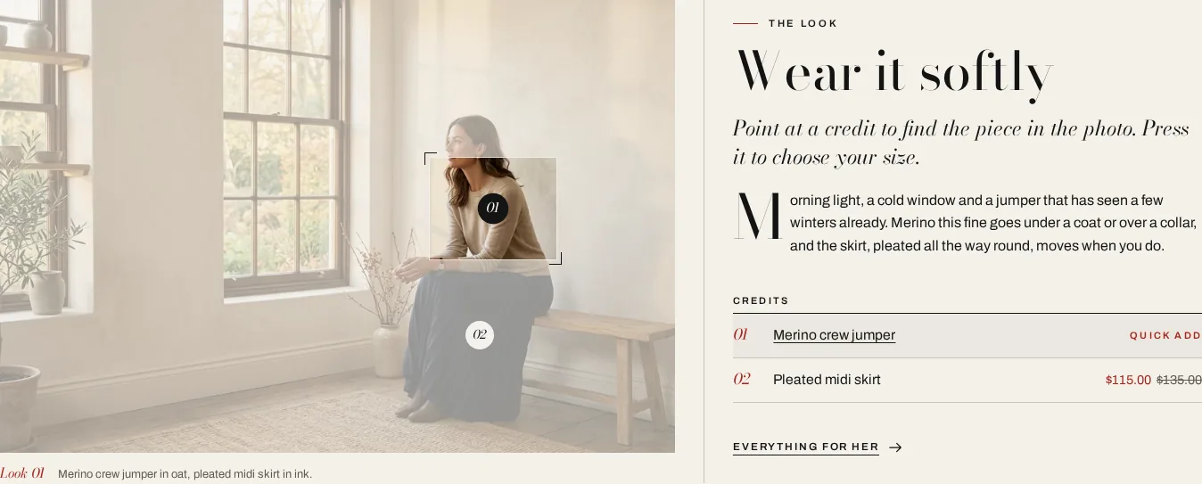 Credits on desktop: point at a credit line and the garment is marked in the photo