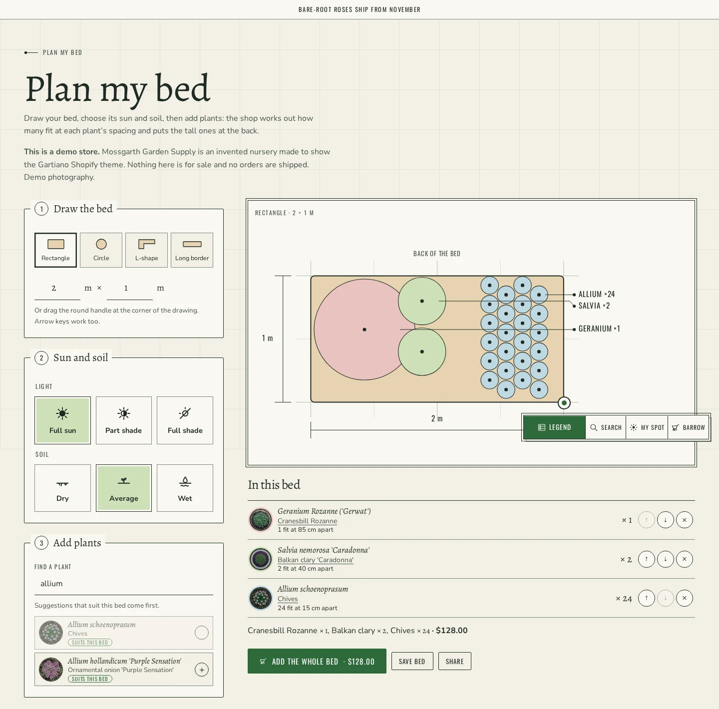 Plan My Bed: a 2 by 1 m bed drawn with its sun and soil, three plants placed at their planting distance with the tall ones at the back, and Add the whole bed for $128.00