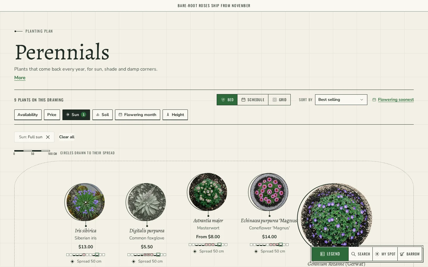 Perennials collection in Bed view, plants drawn to their spread on a 1 m grid, filtered to Full sun with the quick Sun tab