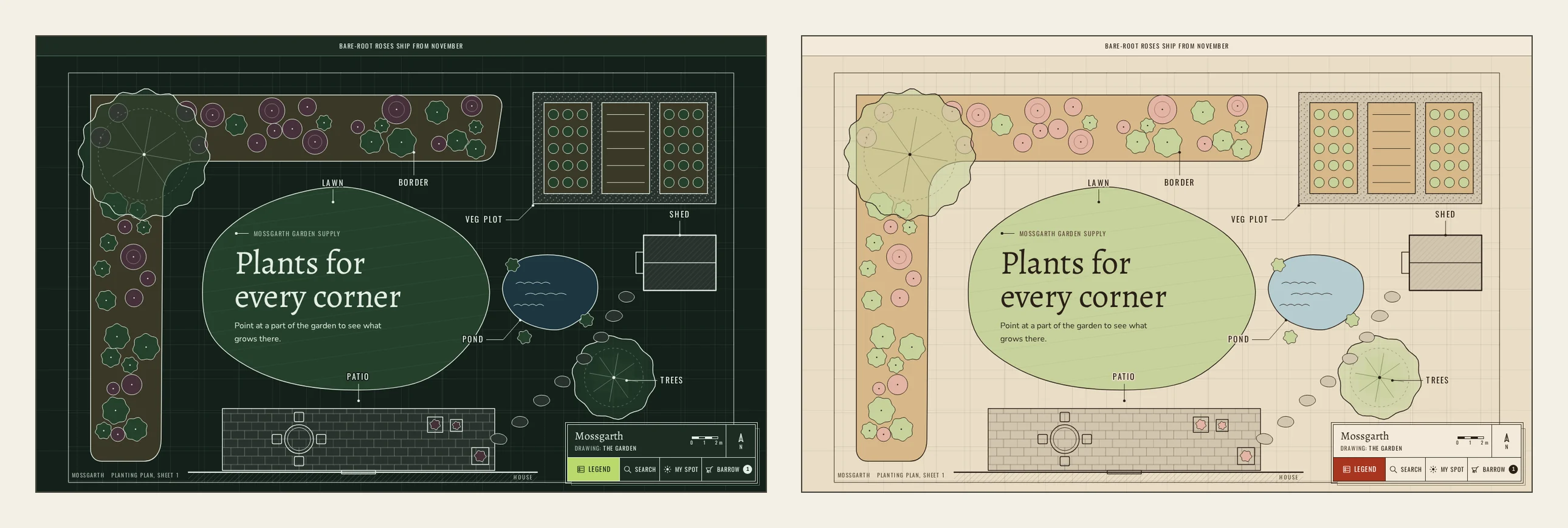 The garden plan home page in the Glasshouse (dark) and Allotment (kraft) presets