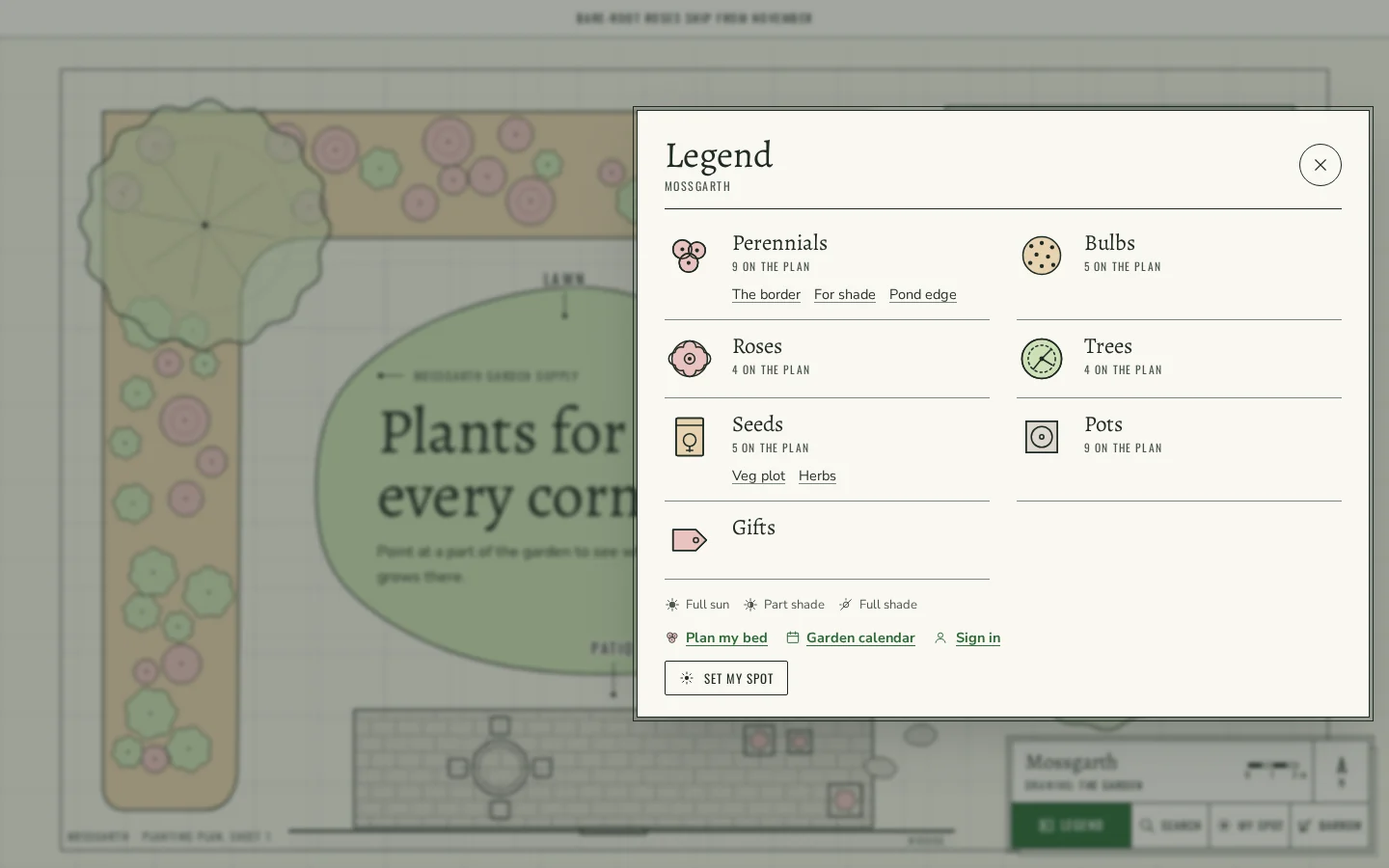 The Legend drawer of plan symbols with counts, opened over the garden plan