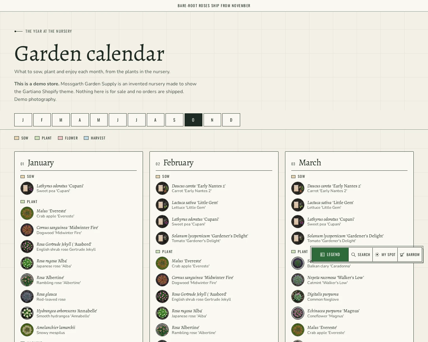 Garden calendar page: twelve months of what to sow, plant, enjoy in flower and harvest, built from the products