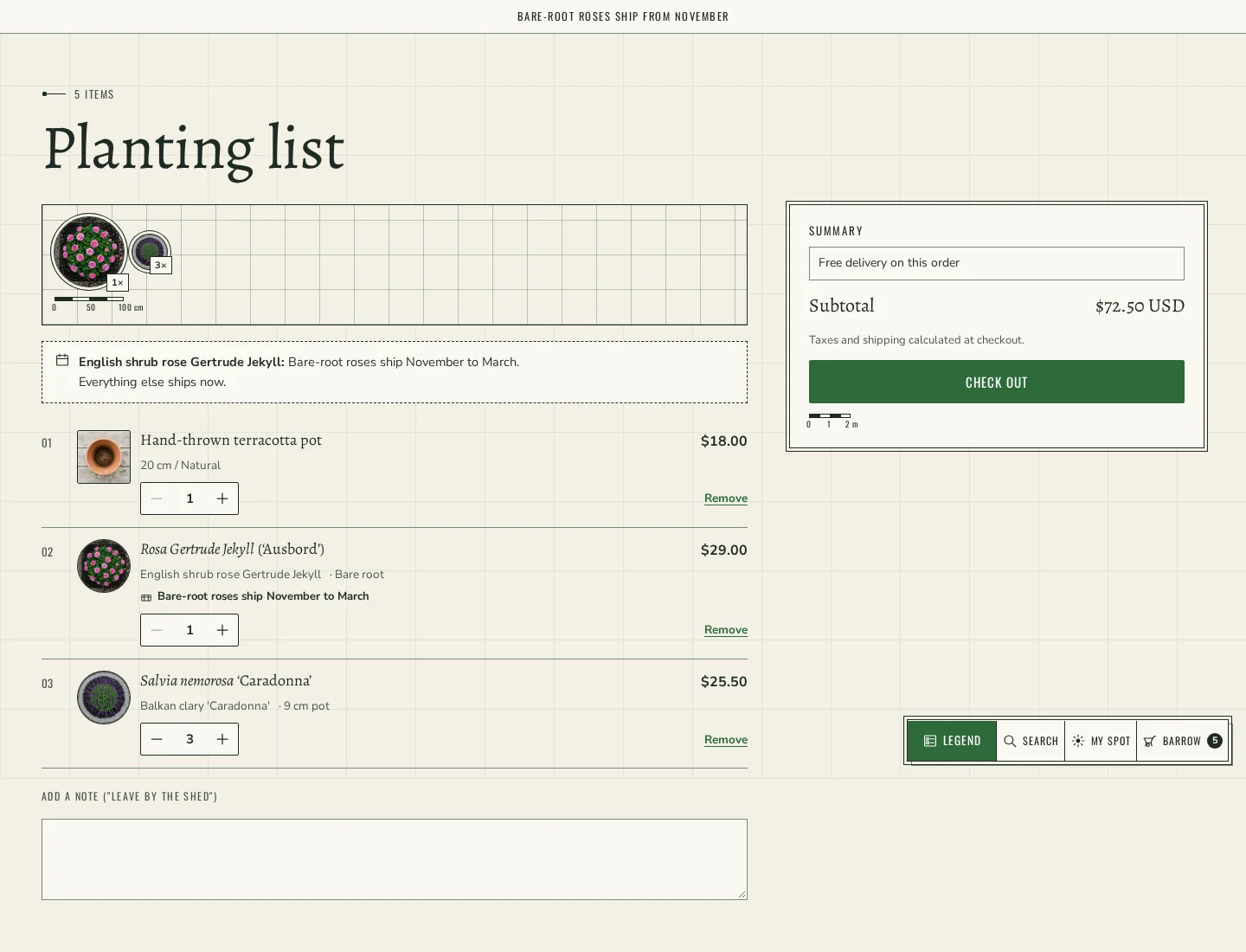 The Planting List cart page with a plan strip, a bare-root shipping note and the order summary