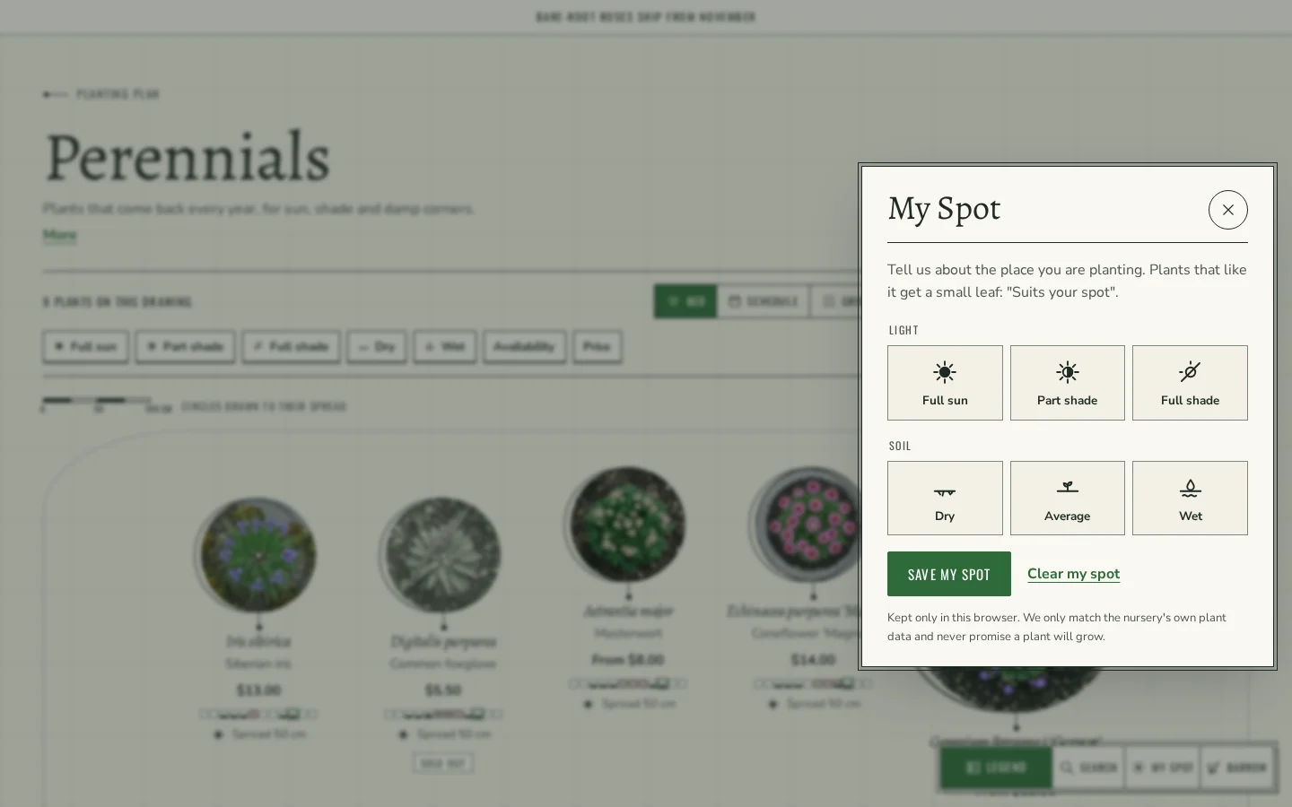 My Spot panel: shoppers pick their light and soil so matching plants are marked Suits your spot