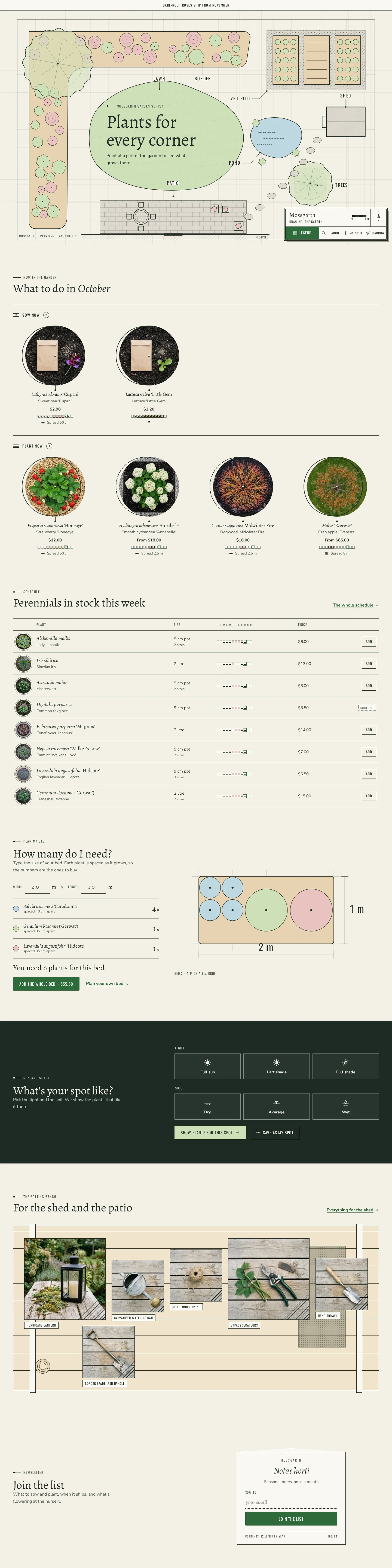 Gartiano home page on desktop: the top-down garden plan with the title block, What to do in October, the plant schedule, How many do I need, Sun and Shade, the Potting Bench and Join the list
