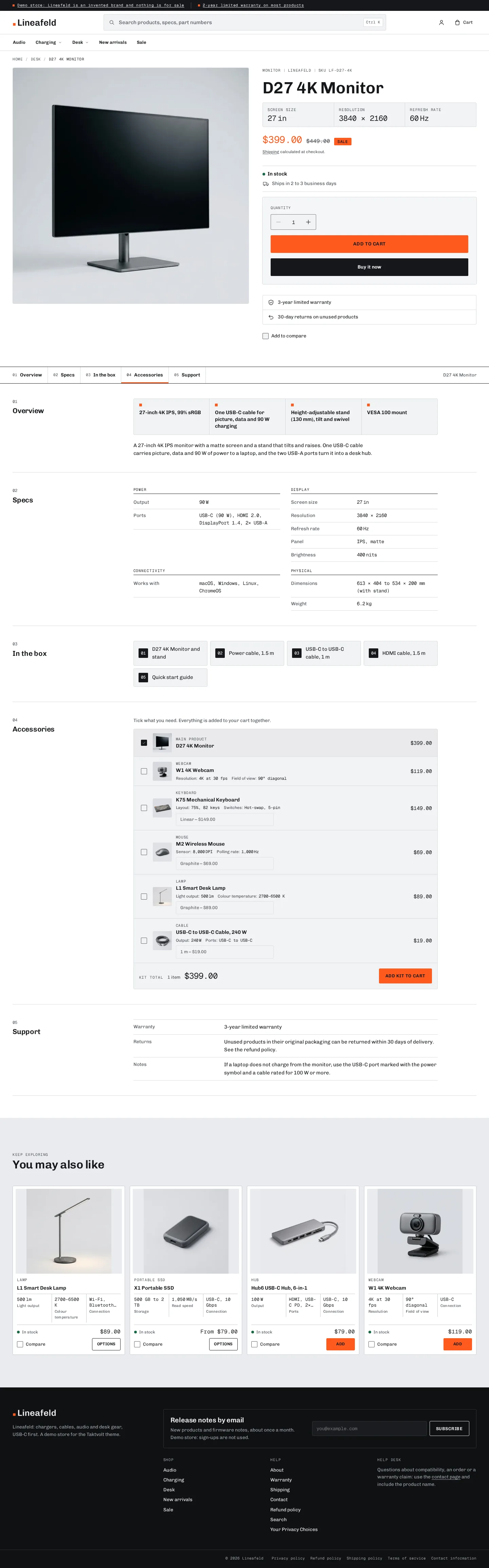 Taktvolt product page on desktop: spec sheet with sticky sub-navigation