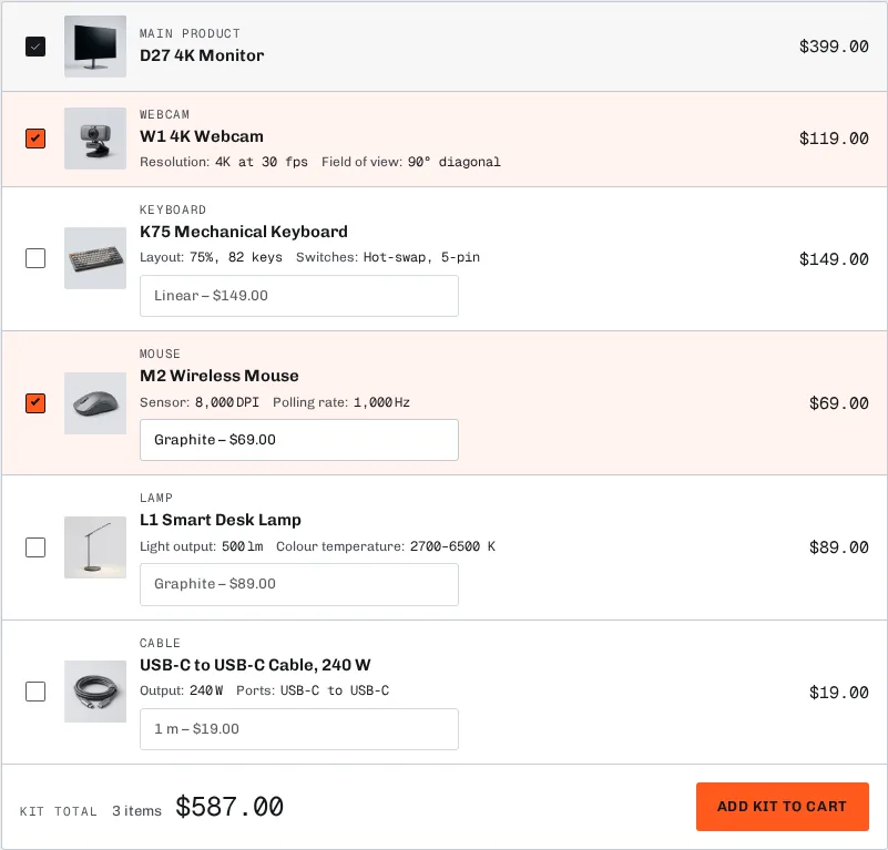 Kit builder: main product plus accessories with a running total, added in one go
