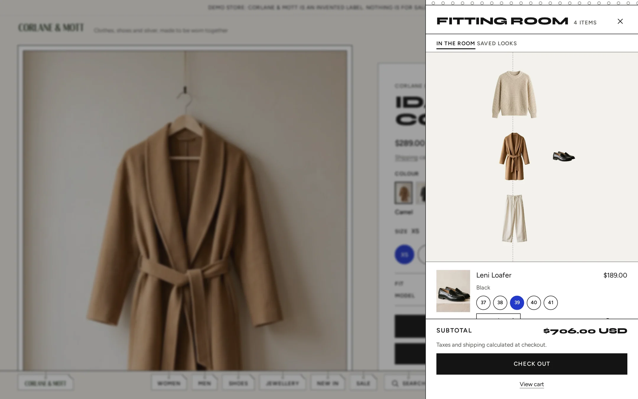 Fitting Room cart drawer: the pieces hang together as one outfit, with sizes you can swap in the drawer