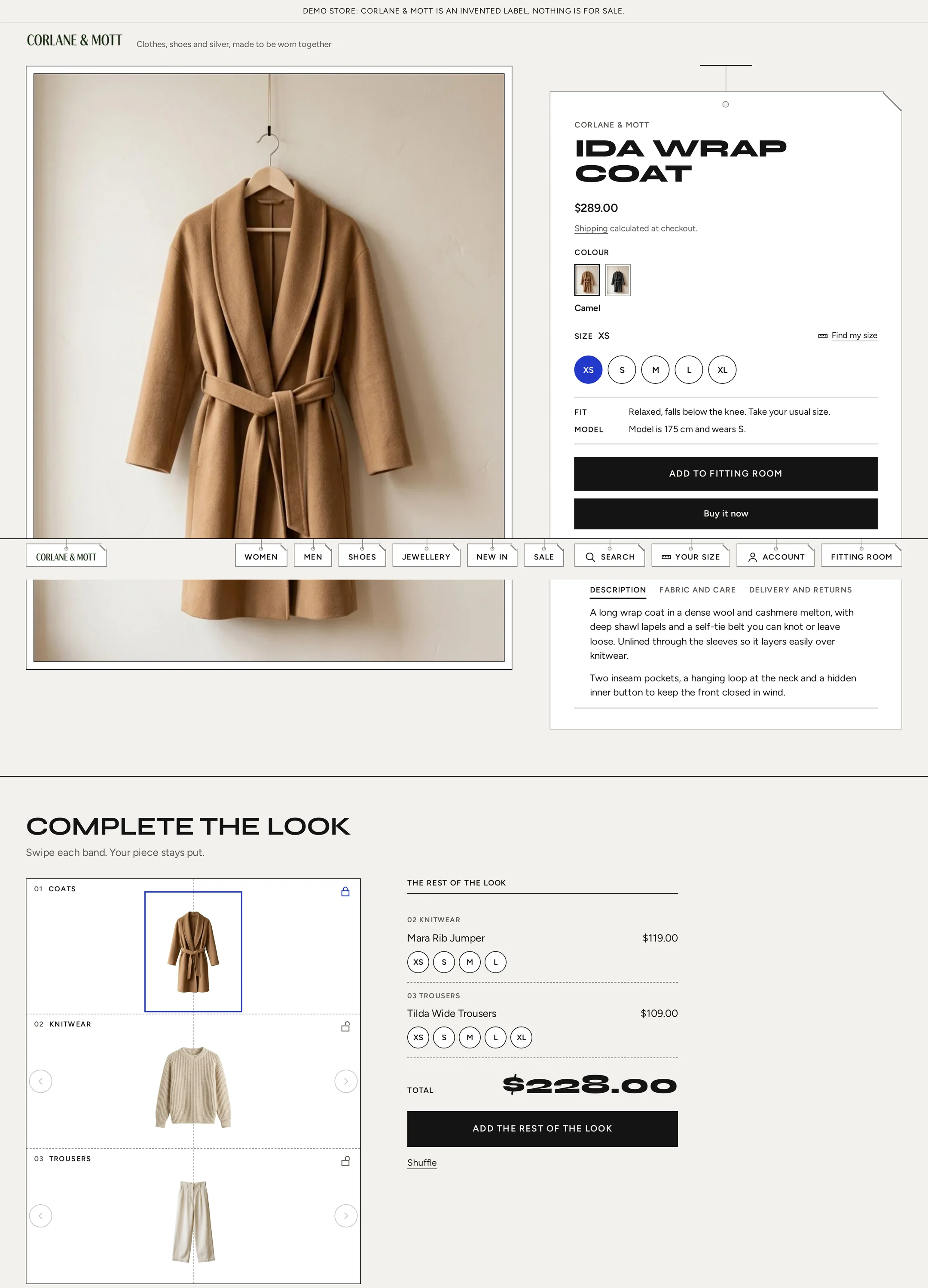 Abitessa product page on desktop: gallery, swing-tag details with photo swatches and size chips, and Complete the look