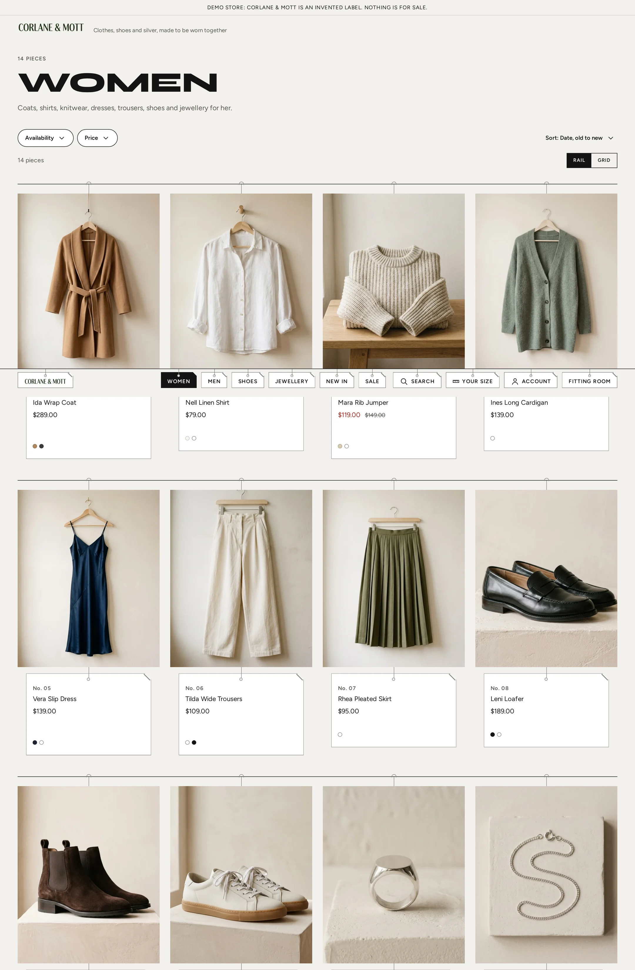 Abitessa collection page on desktop: swing-tag product cards on a rail, pill filters and Rail / Grid views