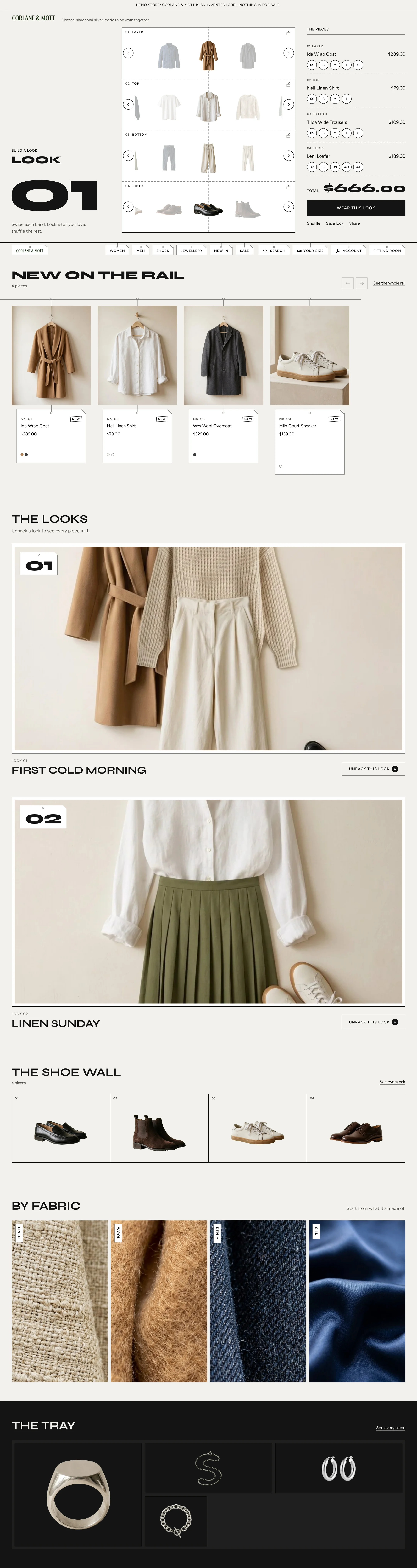 Abitessa home page on desktop: Look Composer, New on the rail, the Look Index, Shoe Wall, Fabric Bar and Jewelry Tray