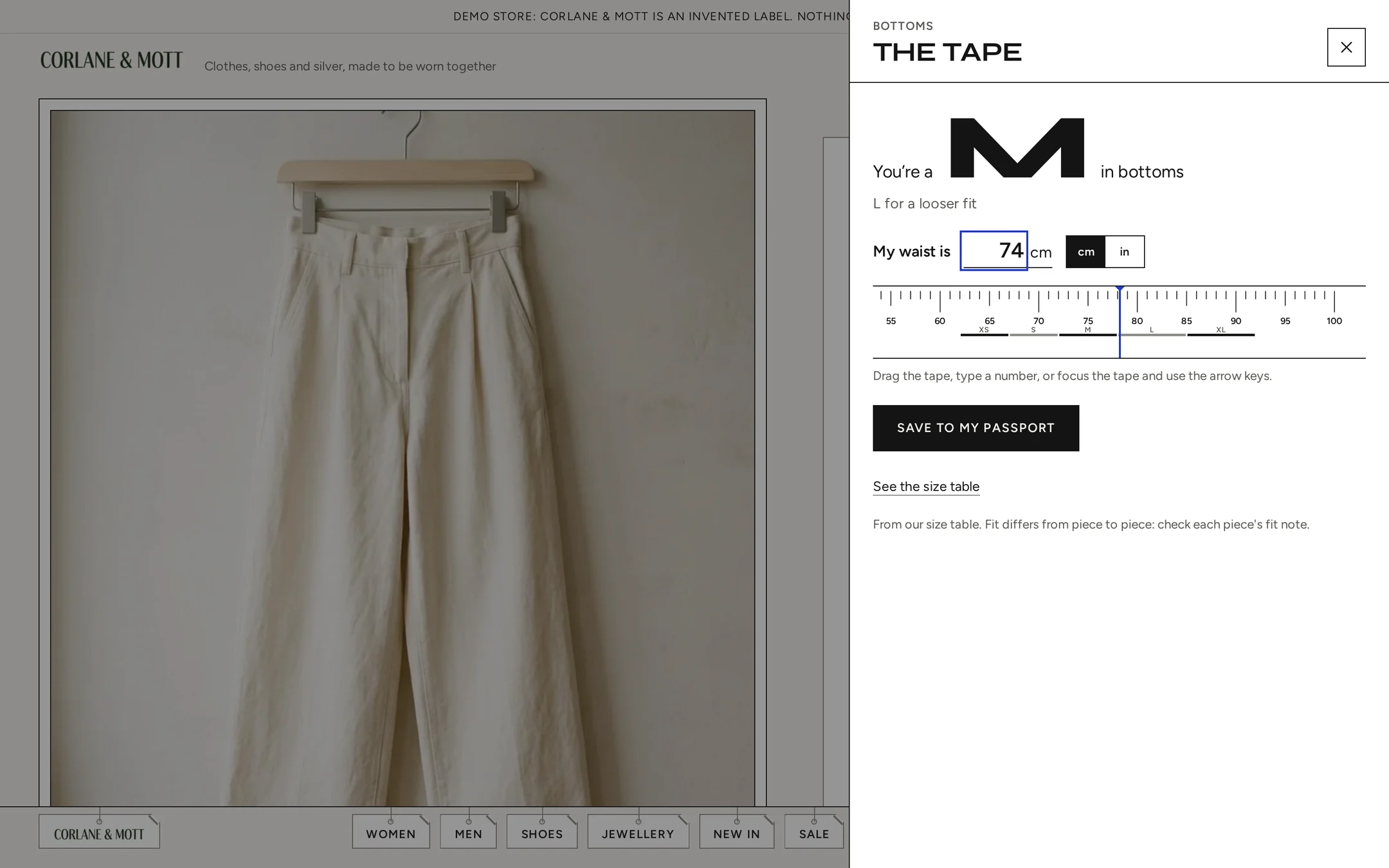 The Tape size finder on a product page: type or drag a measurement and it tells the shopper their size