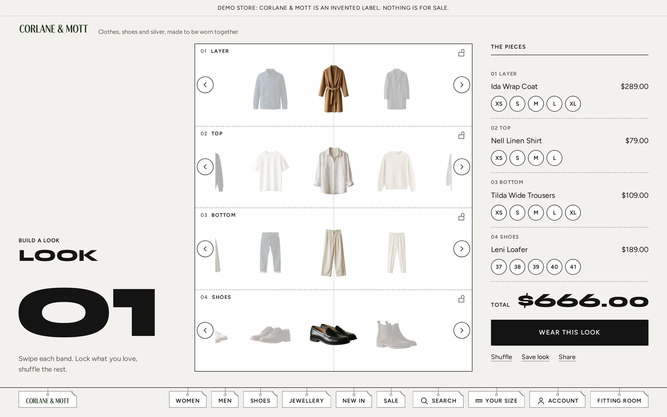 Look Composer on desktop: build an outfit band by band, pick each size and add the whole look