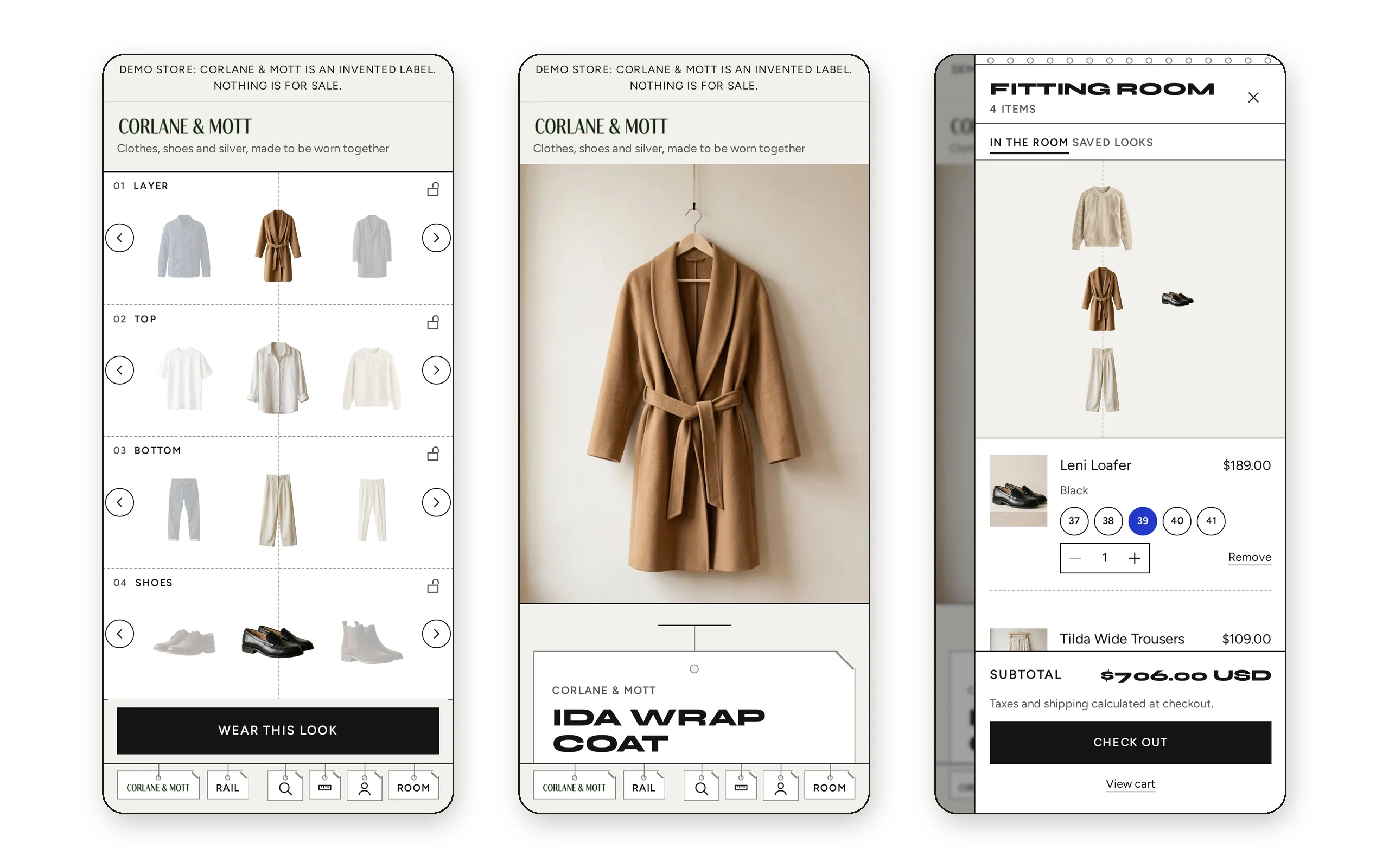 Abitessa on a phone: Look Composer, product page and Fitting Room, with the rail bar at the bottom