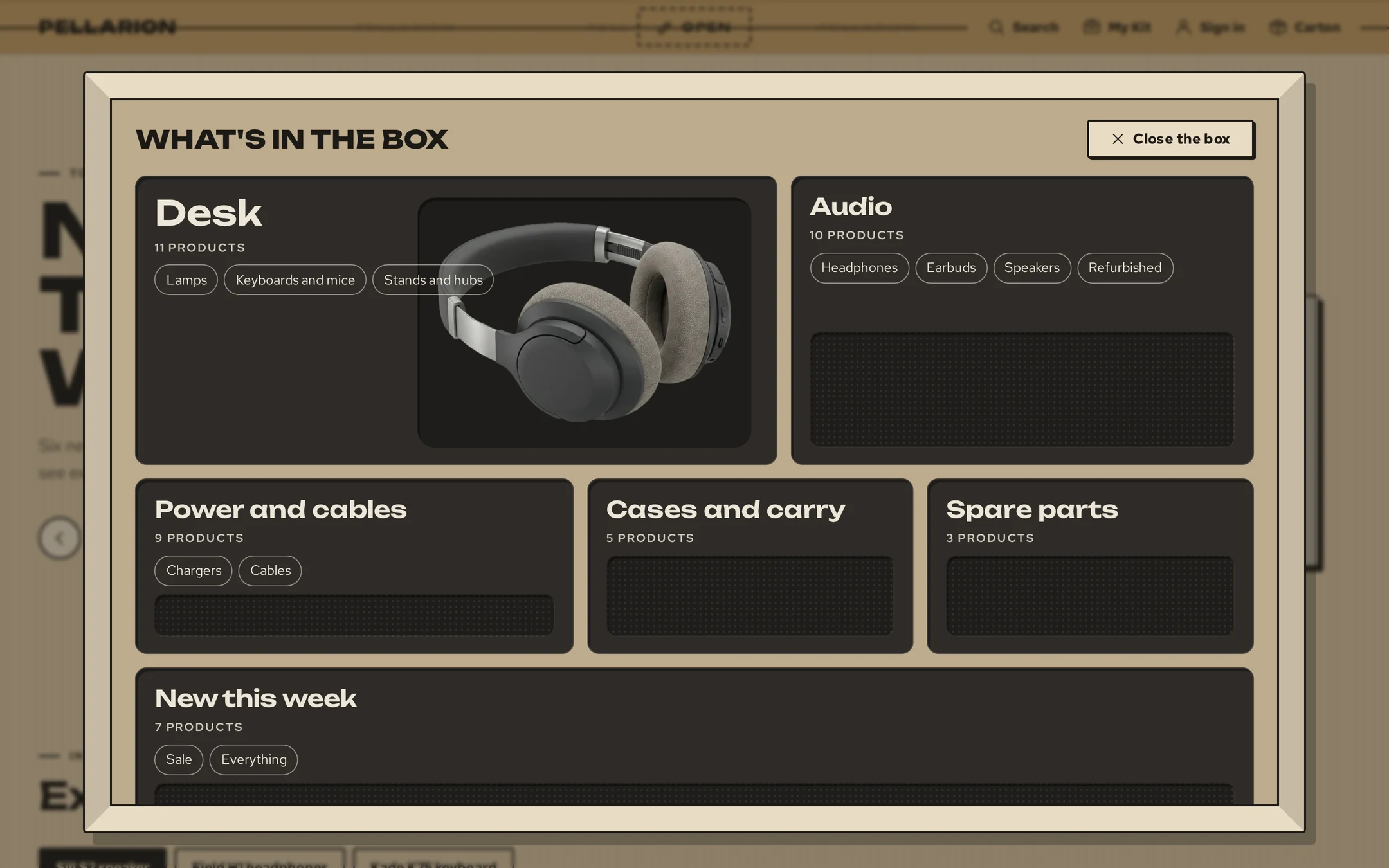The menu: box flaps folded open over a foam tray of departments