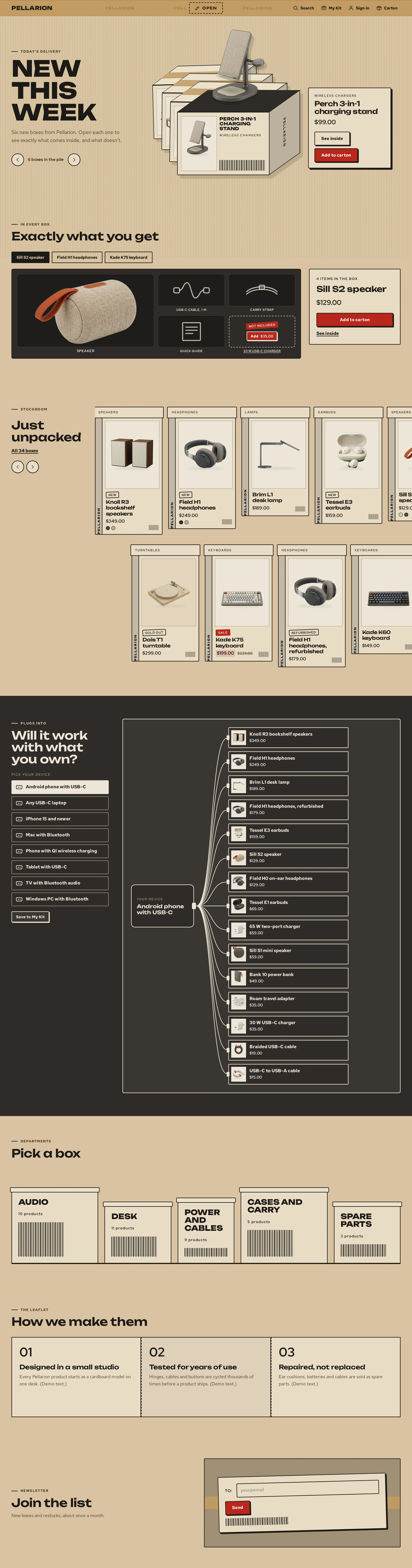 Deckelio home page on desktop: the packing-tape header, the Delivery pile of boxes, In Every Box, the Box Wall, Plugs Into, Collection boxes, the Leaflet and Join the list