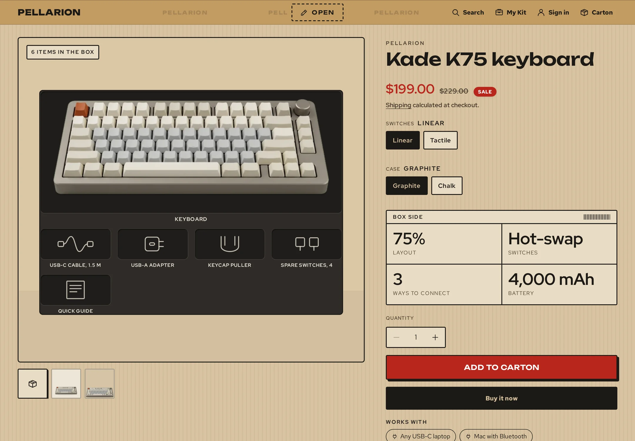 Keyboard product page: six items in the box, switch and case options printed like box labels, and box side facts