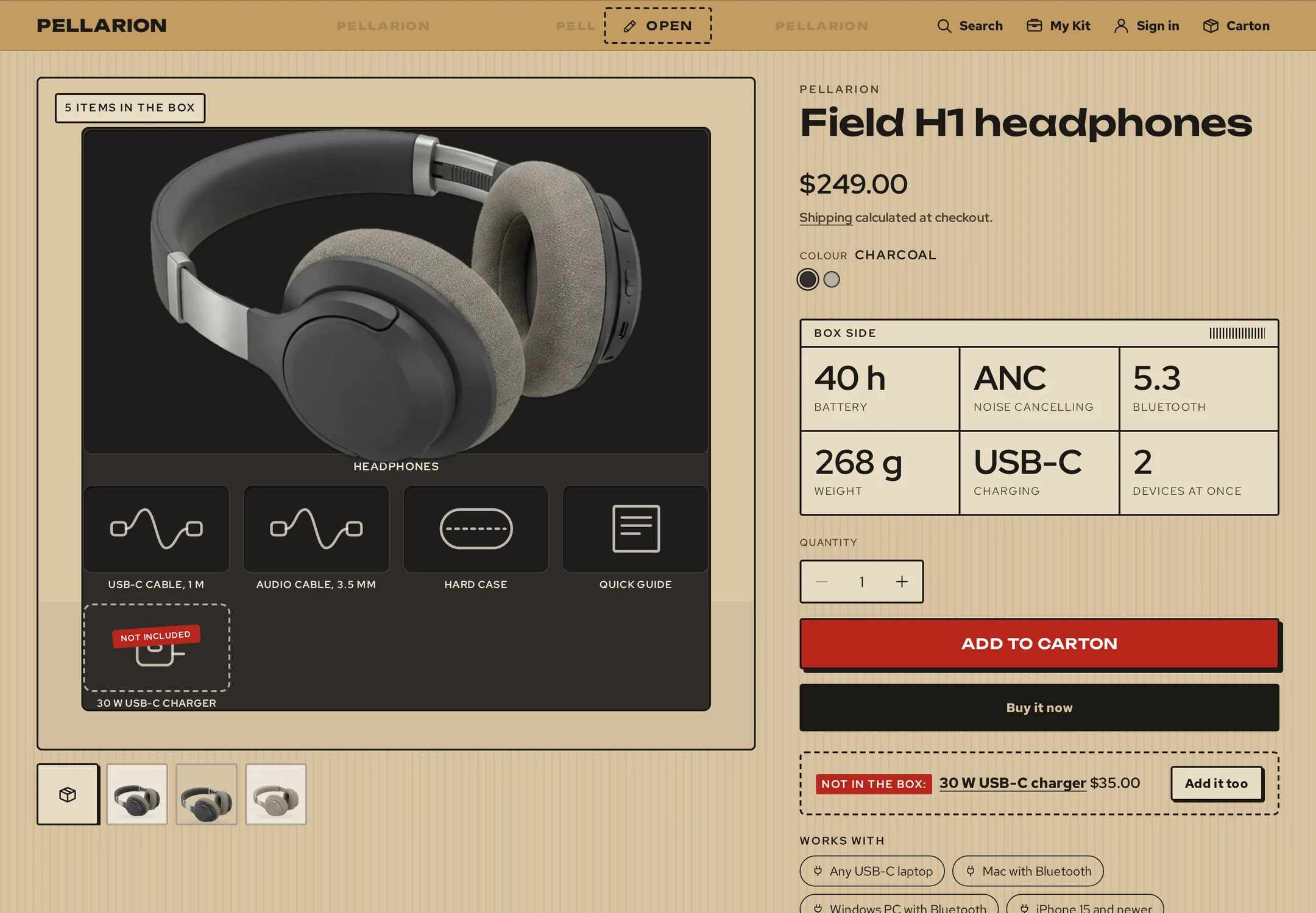 Headphones product page: the box opened to a foam tray with every item in the box and a dashed Not included cut-out for the charger, box side facts and Add it too