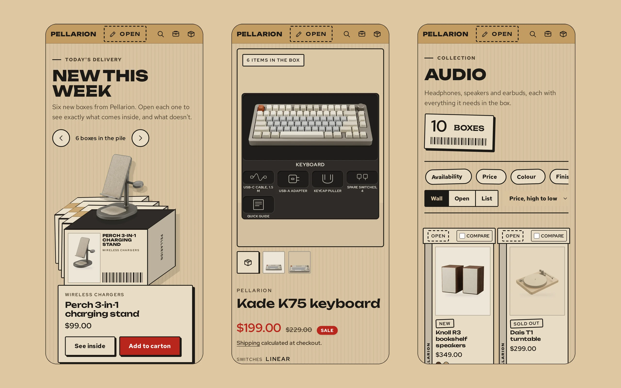 Deckelio on a phone: home page, keyboard product page and Audio collection